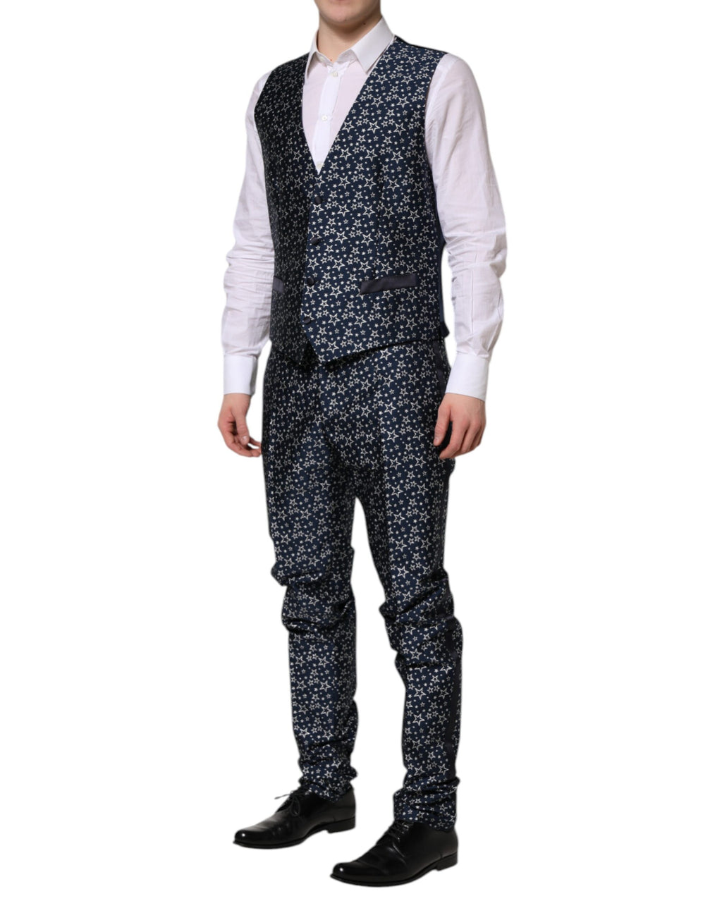 Costume trois pièces Dolce & Gabbana Blue MARTINI Star Jacquard, veste, pantalon et gilet avec motif étoilé.