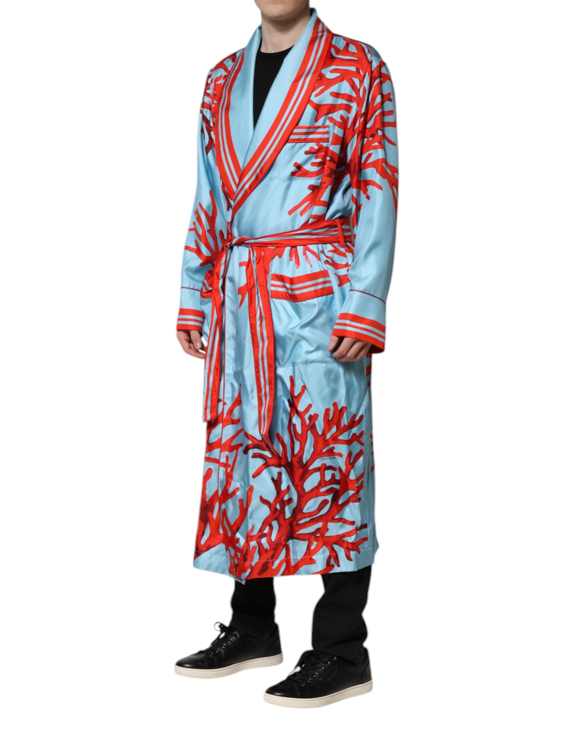 Robe robe courte Dolce & Gabbana en imprimé corail bleu et rouge, avec ceinture et détails élégants.