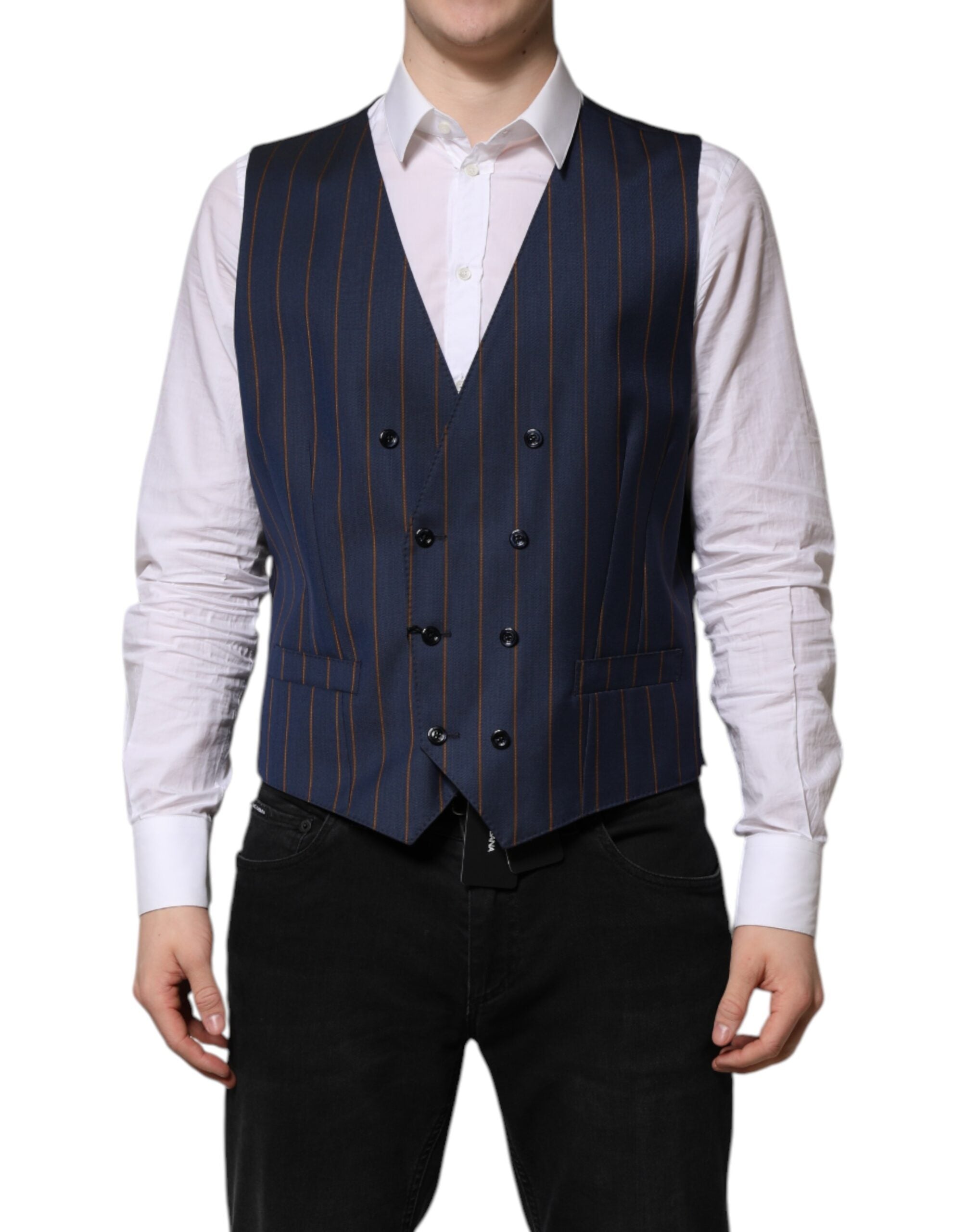 Gilet homme en laine à rayures bleues Dolce & Gabbana, veste formelle élégante avec détails sophistiqués.