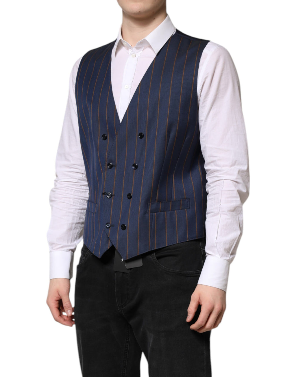 Gilet homme en laine à rayures bleues de Dolce & Gabbana, veste formelle élégante avec détails sophistiqués.