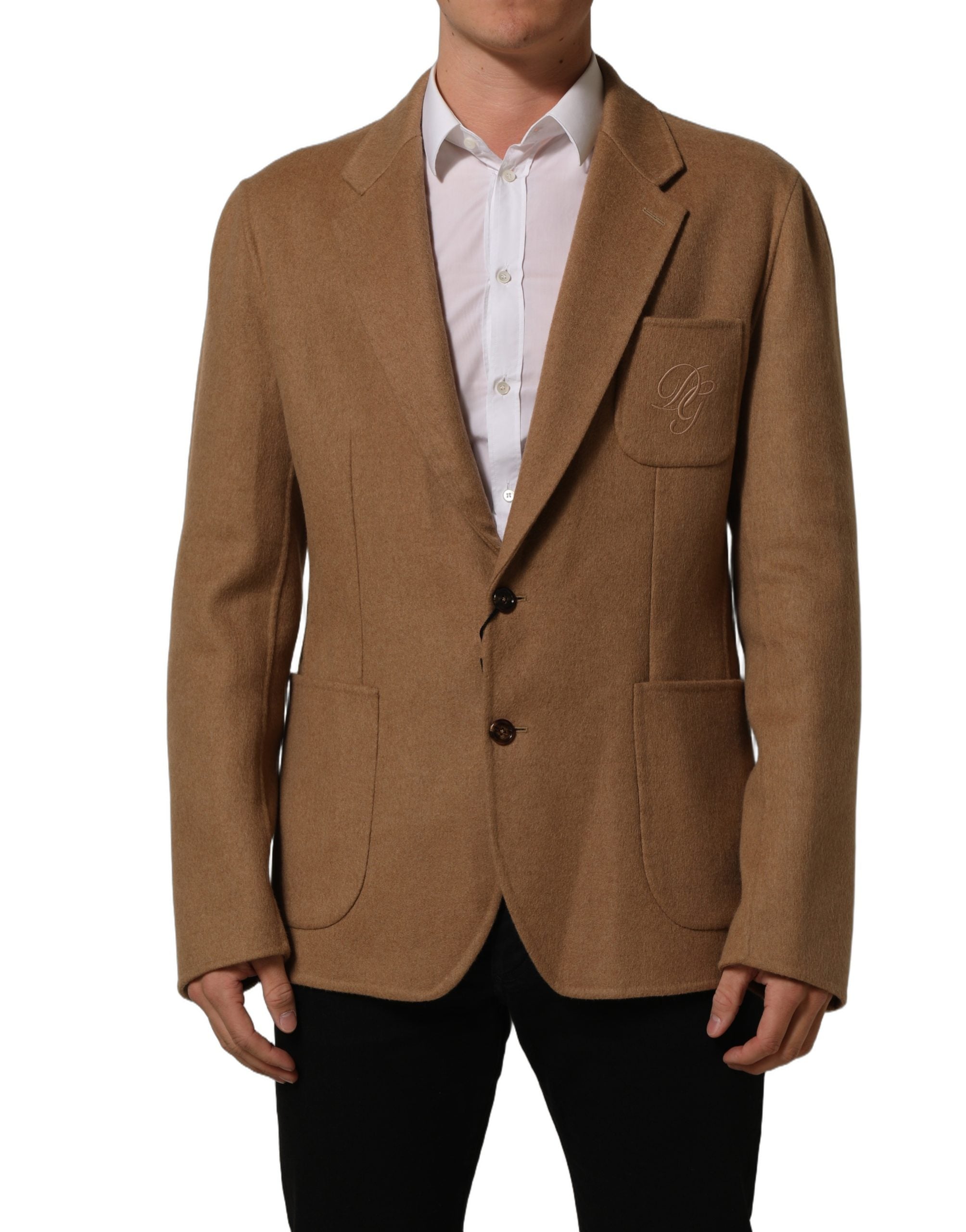 Veste de costume Dolce & Gabbana marron à deux boutons, coupe simple, en tissu élégant et classique.