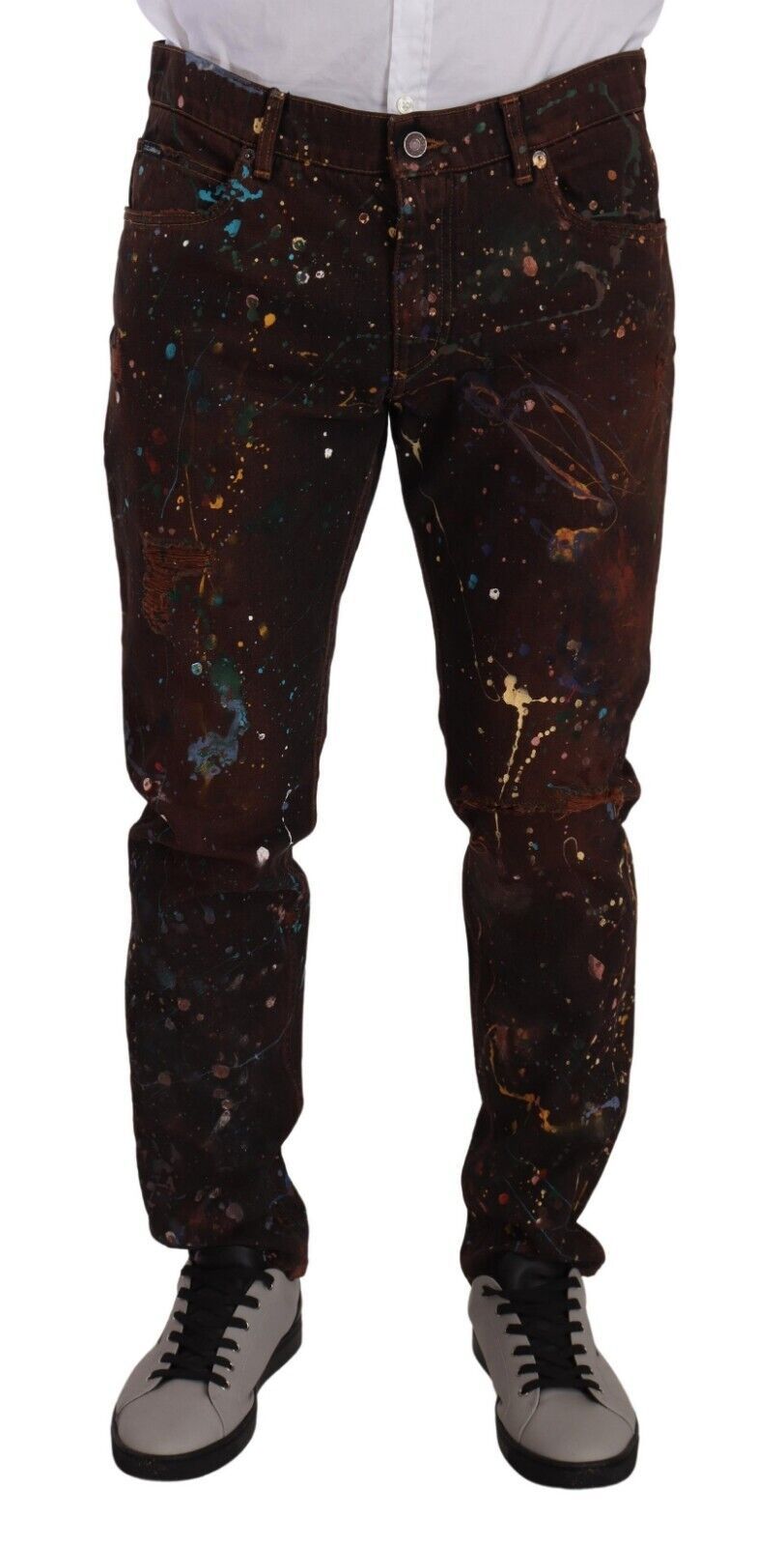 Jeans en denim regular en coton marron avec éclaboussures de couleur, de la marque Dolce & Gabbana.