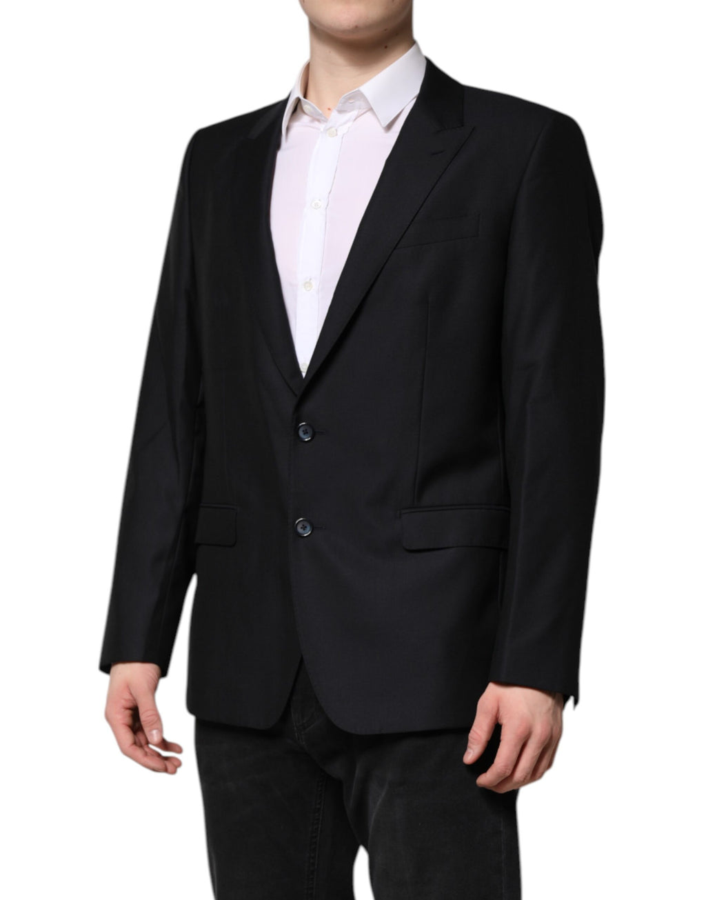 Blazer en laine bleu foncé Dolce & Gabbana MARTINI, veste élégante pour homme ou femme, détail de couture visible.