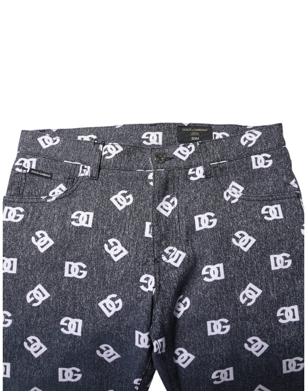 Jeans slim en denim gris foncé Dolce & Gabbana avec logo en coton, coupe skinny et ajustée, visible sur l'image.