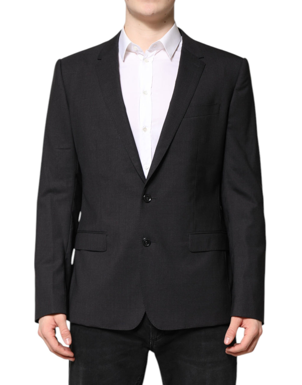 Veste Dolce & Gabbana Martini gris foncé à un bouton, coupe classique, en tissu élégant, vue de face.