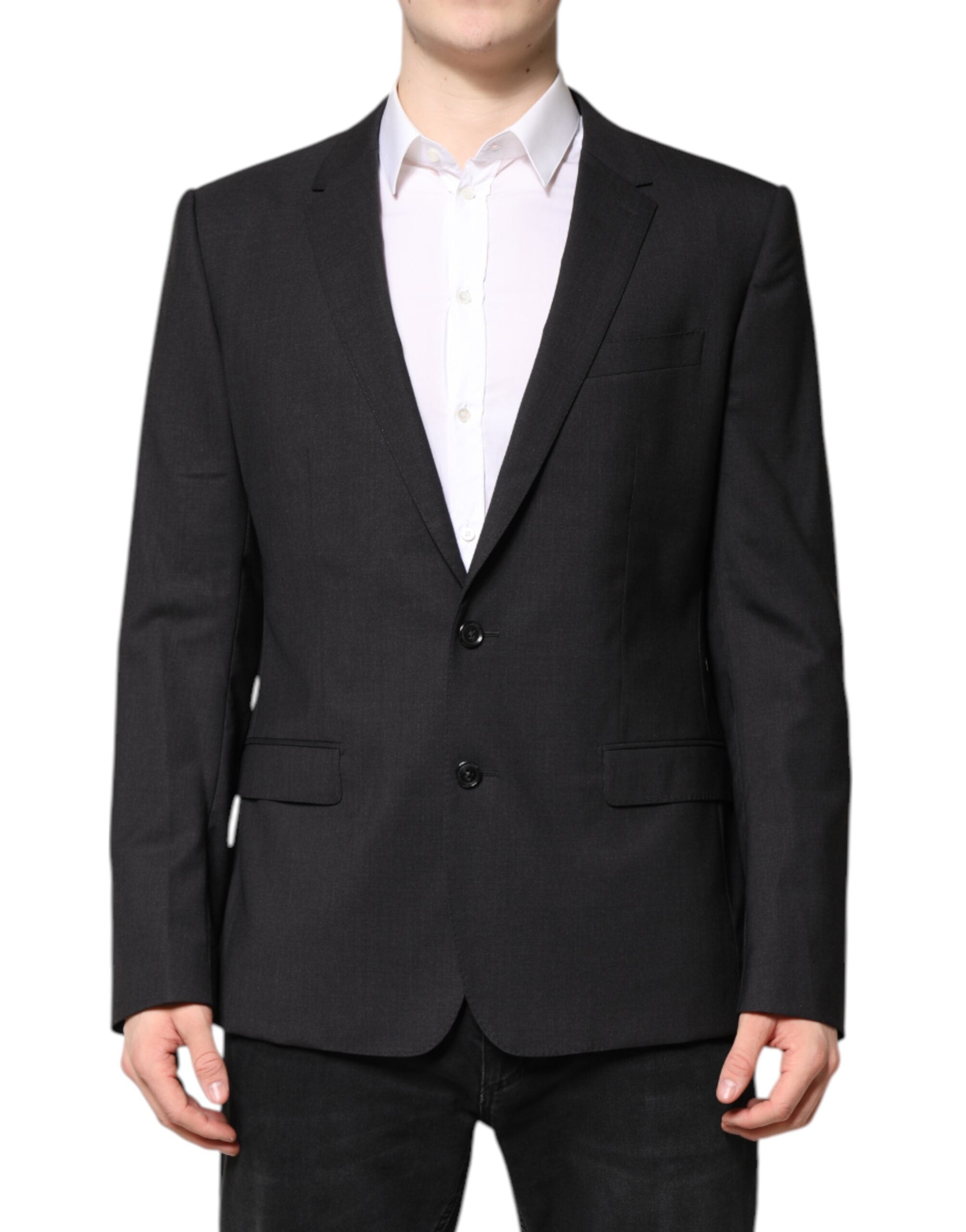 Veste Dolce & Gabbana Martini gris foncé à un bouton, coupe classique, en tissu élégant, vue de face.