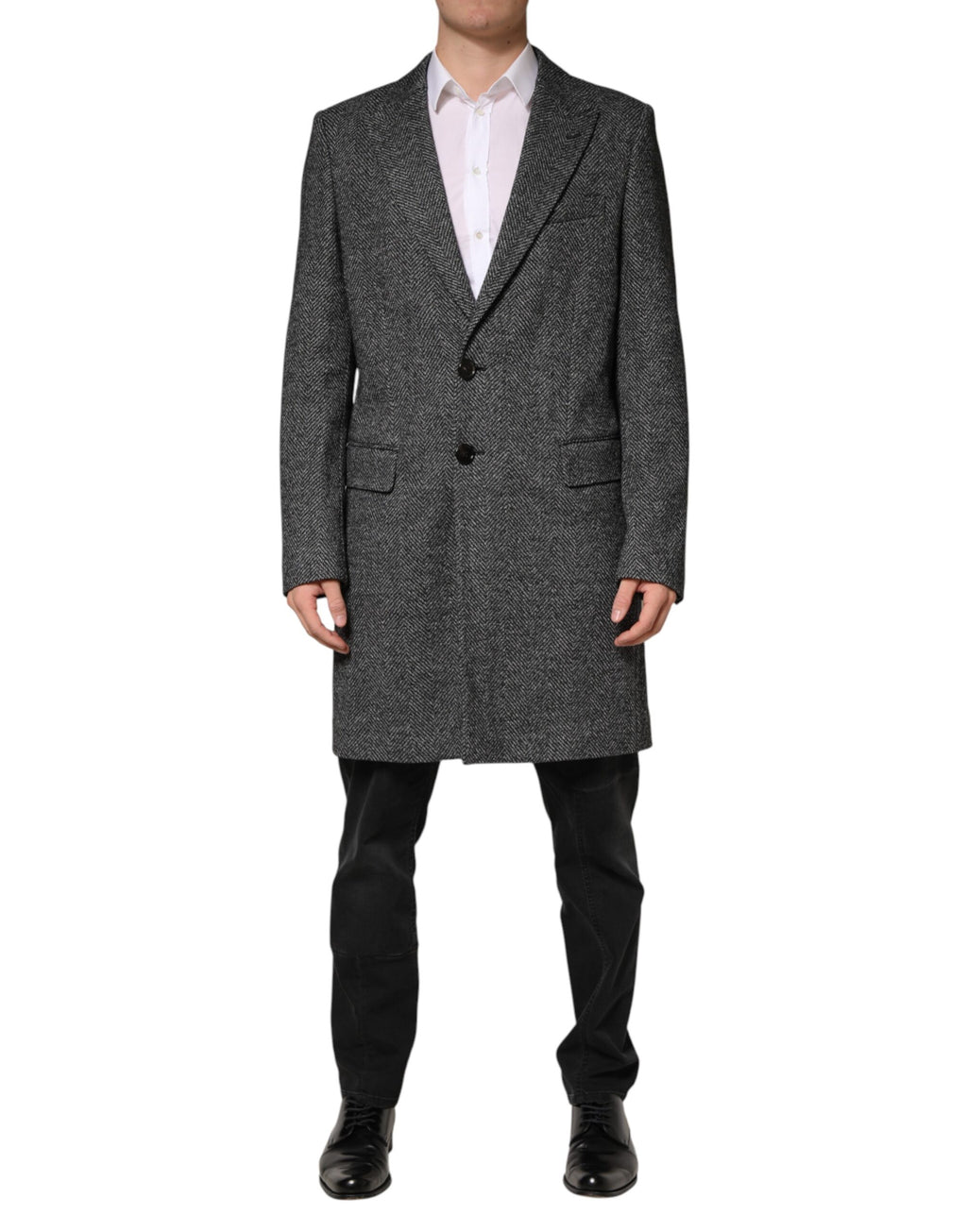 Manteau trench long en laine mélangée gris pour homme de Dolce & Gabbana, veste élégante et sophistiquée.