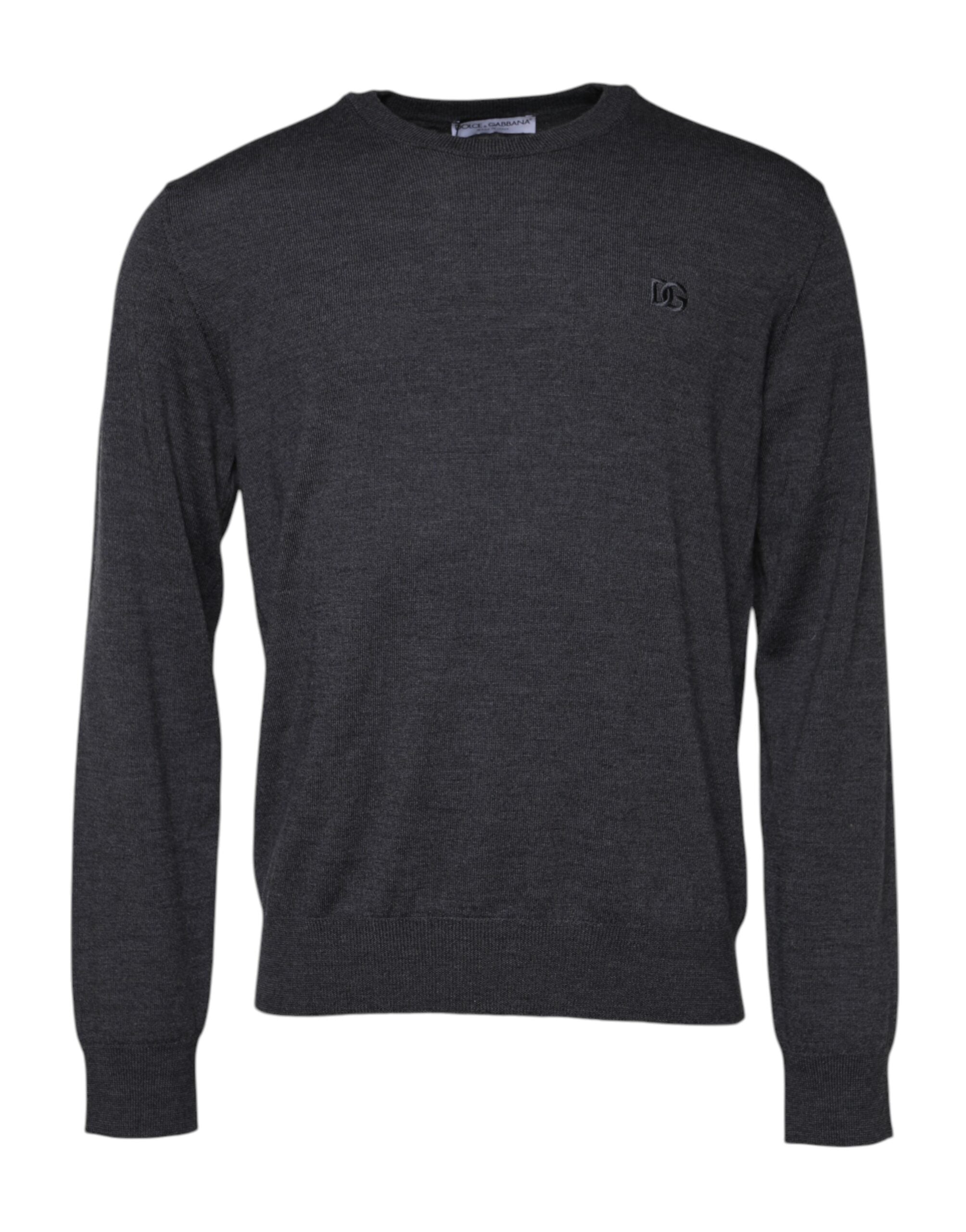 Pull Dolce & Gabbana en laine grise avec logo tricoté, pull pour homme élégant et confortable.