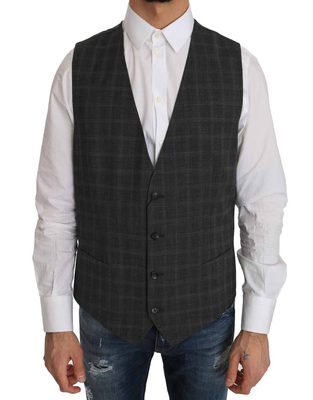 Gilet en laine gris à carreaux Dolce & Gabbana, coupe stretch, avec détails élégants et motif à carreaux pour homme.