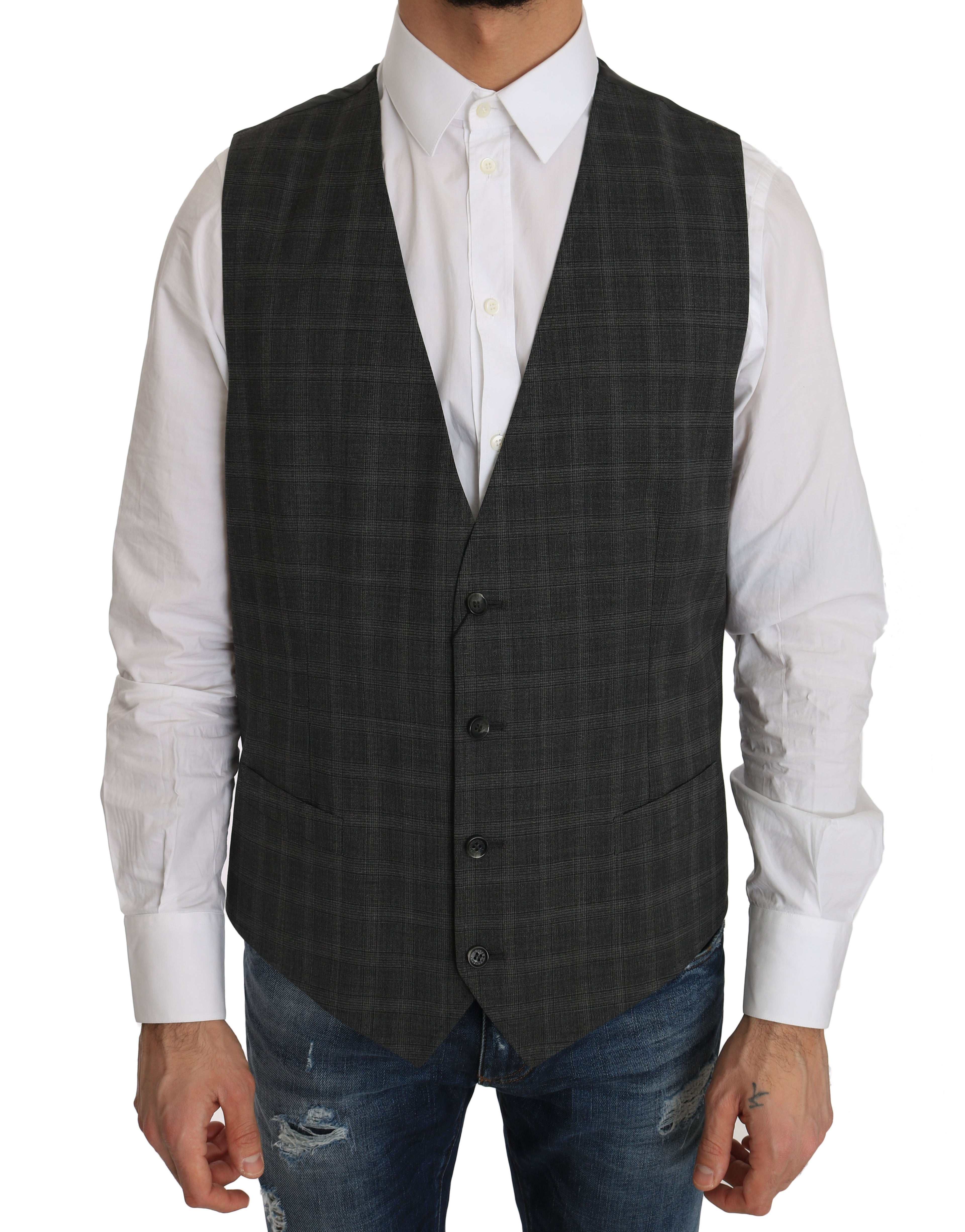 Gilet en laine gris à carreaux Dolce & Gabbana, coupe stretch, avec détails élégants et motif à carreaux pour homme.