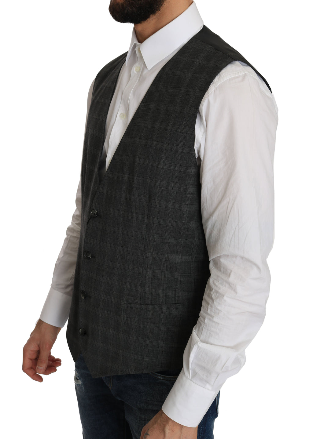 Gilet gris en laine Dolce & Gabbana à carreaux et stretch, style élégant et moderne pour homme.