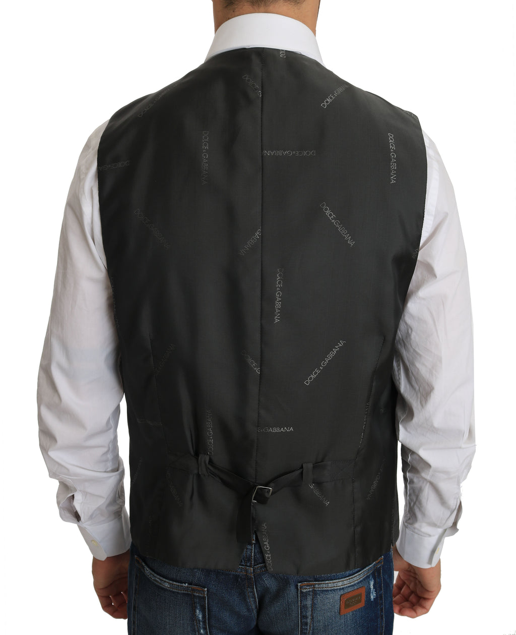 Gilet Dolce & Gabbana en laine grise à carreaux, ajusté avec stretch, style élégant et moderne.