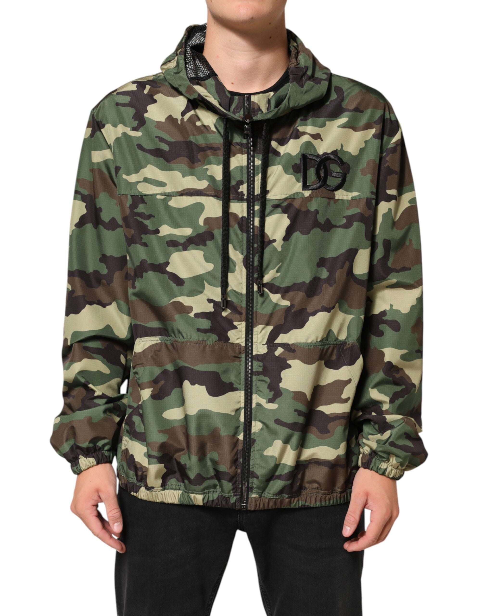 Veste sweat à capuche camouflage verte Dolce & Gabbana avec logo imprimé, manches longues et fermeture éclair.