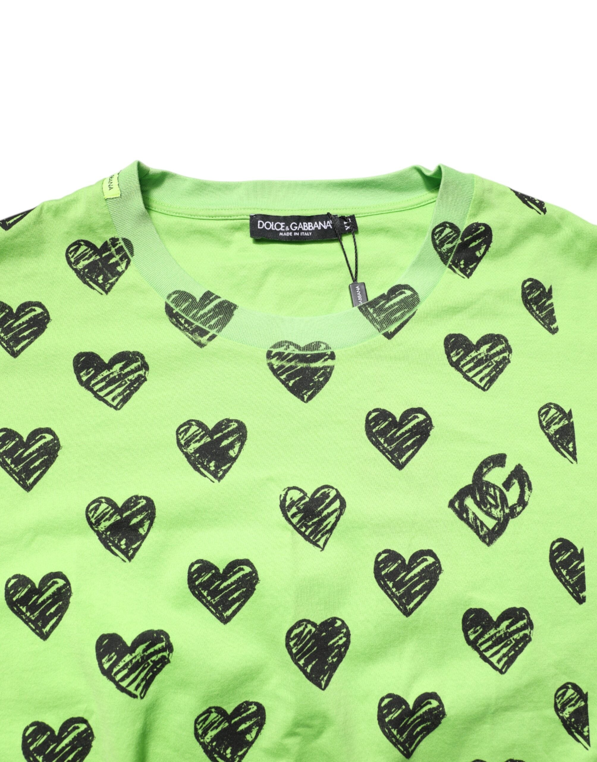 T-shirt en coton Dolce & Gabbana vert avec motif cœur imprimé, col rond, vue de face.