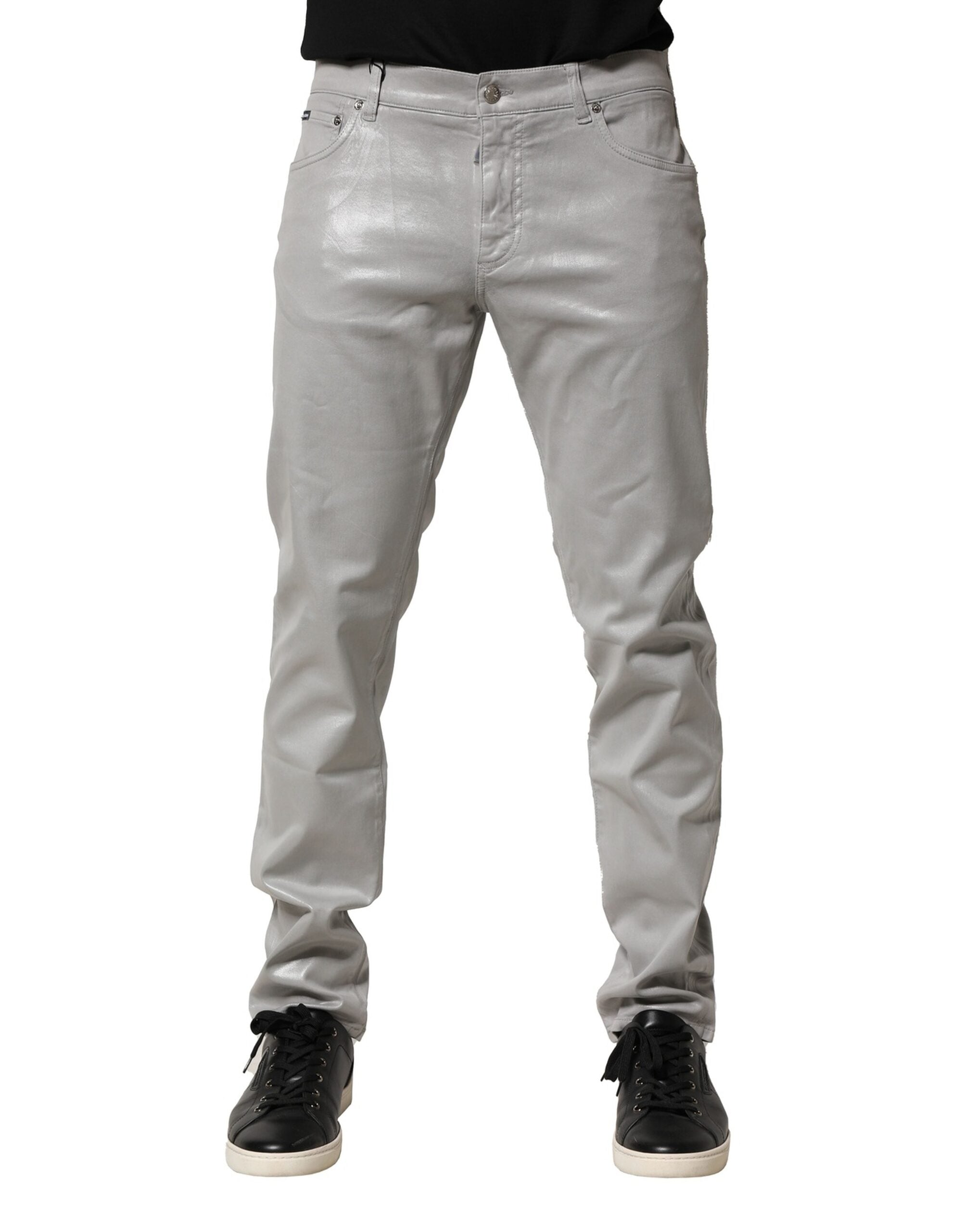 Jeans slim en denim stretch en coton gris argenté de Dolce & Gabbana, coupe ajustée et détails classiques.