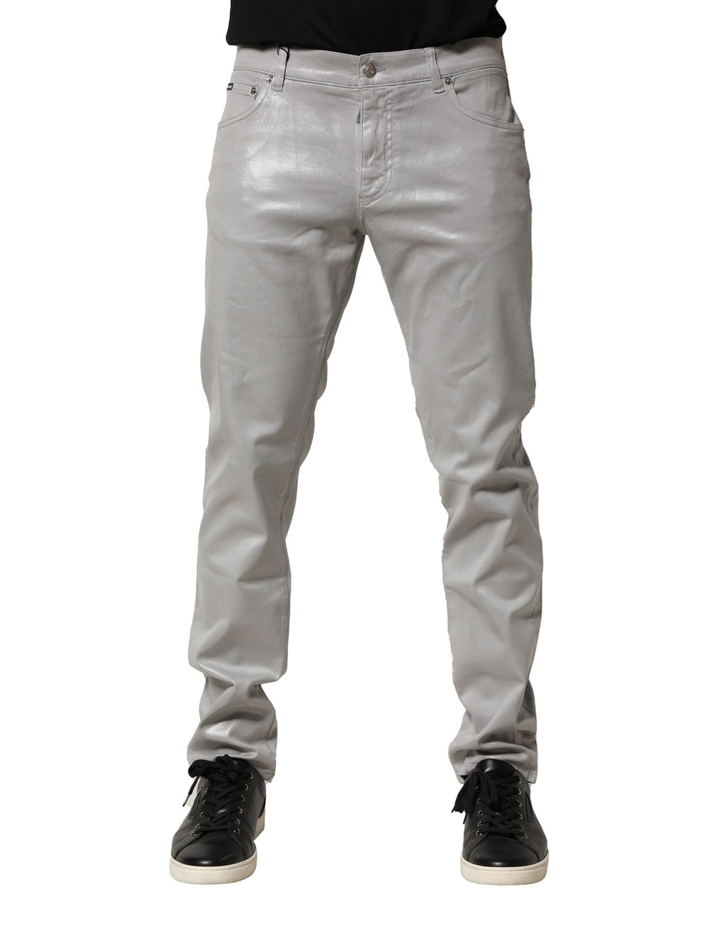 Jeans slim en denim coton stretch gris de Dolce & Gabbana, coupe ajustée et détails modernes.