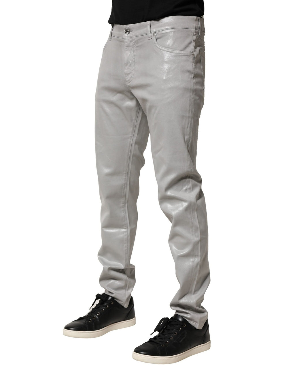 Jeans slim en denim stretch gris en coton de Dolce & Gabbana, coupe ajustée et style élégant, visible sur l'image.