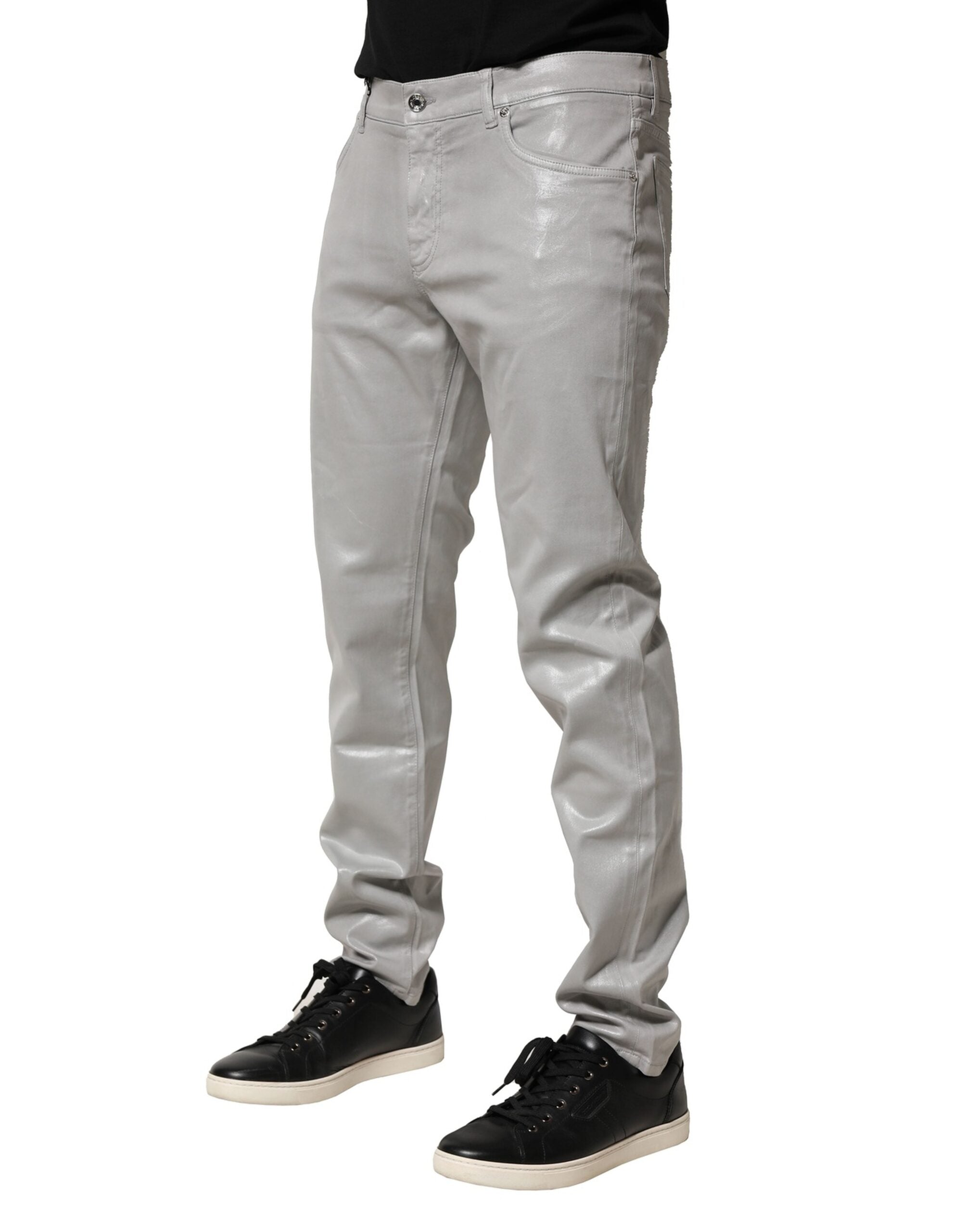 Jeans slim en denim stretch gris en coton de Dolce & Gabbana, coupe ajustée et style élégant, visible sur l'image.