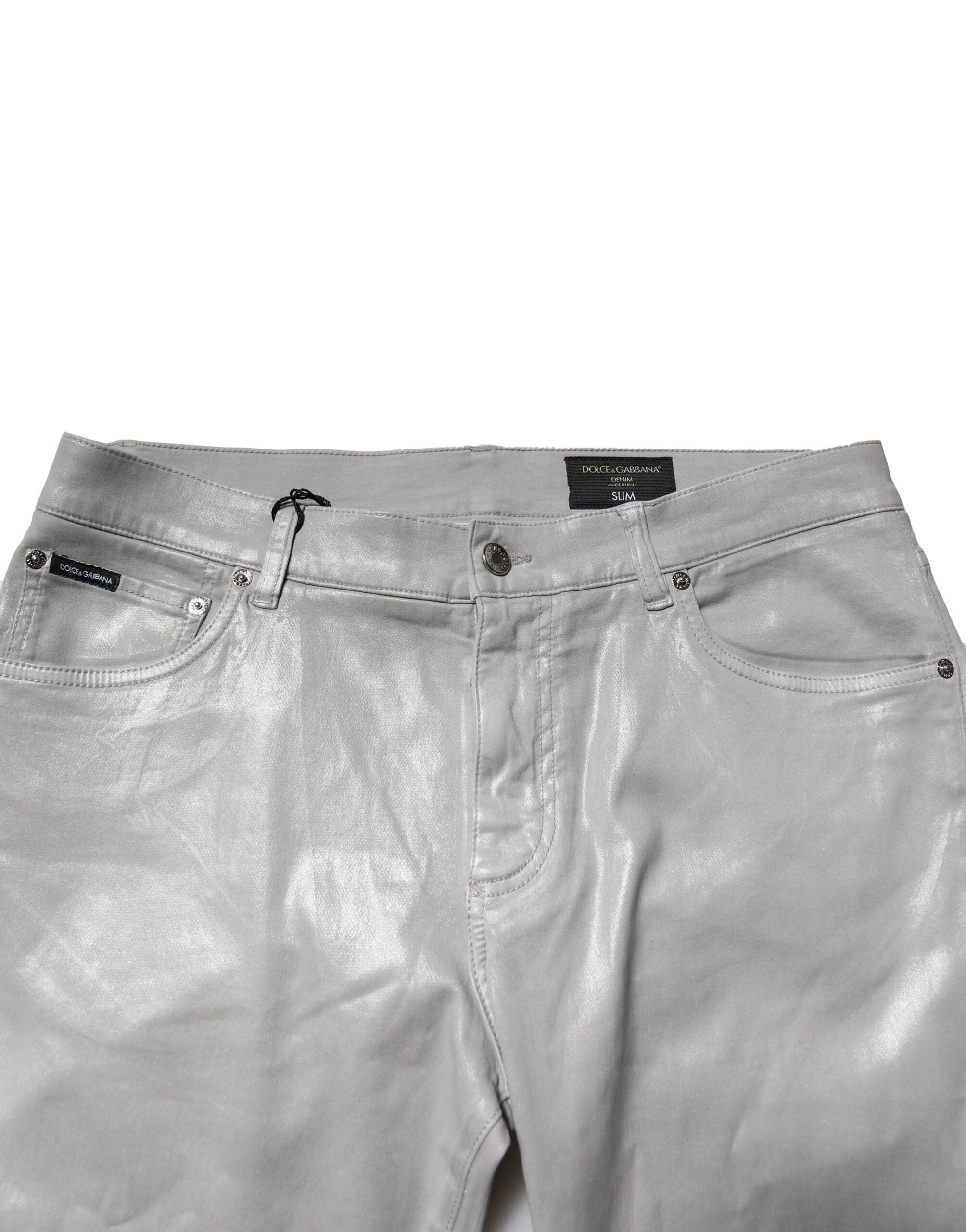 Jean slim en denim en coton stretch gris Dolce & Gabbana, coupe ajustée et détails modernes.