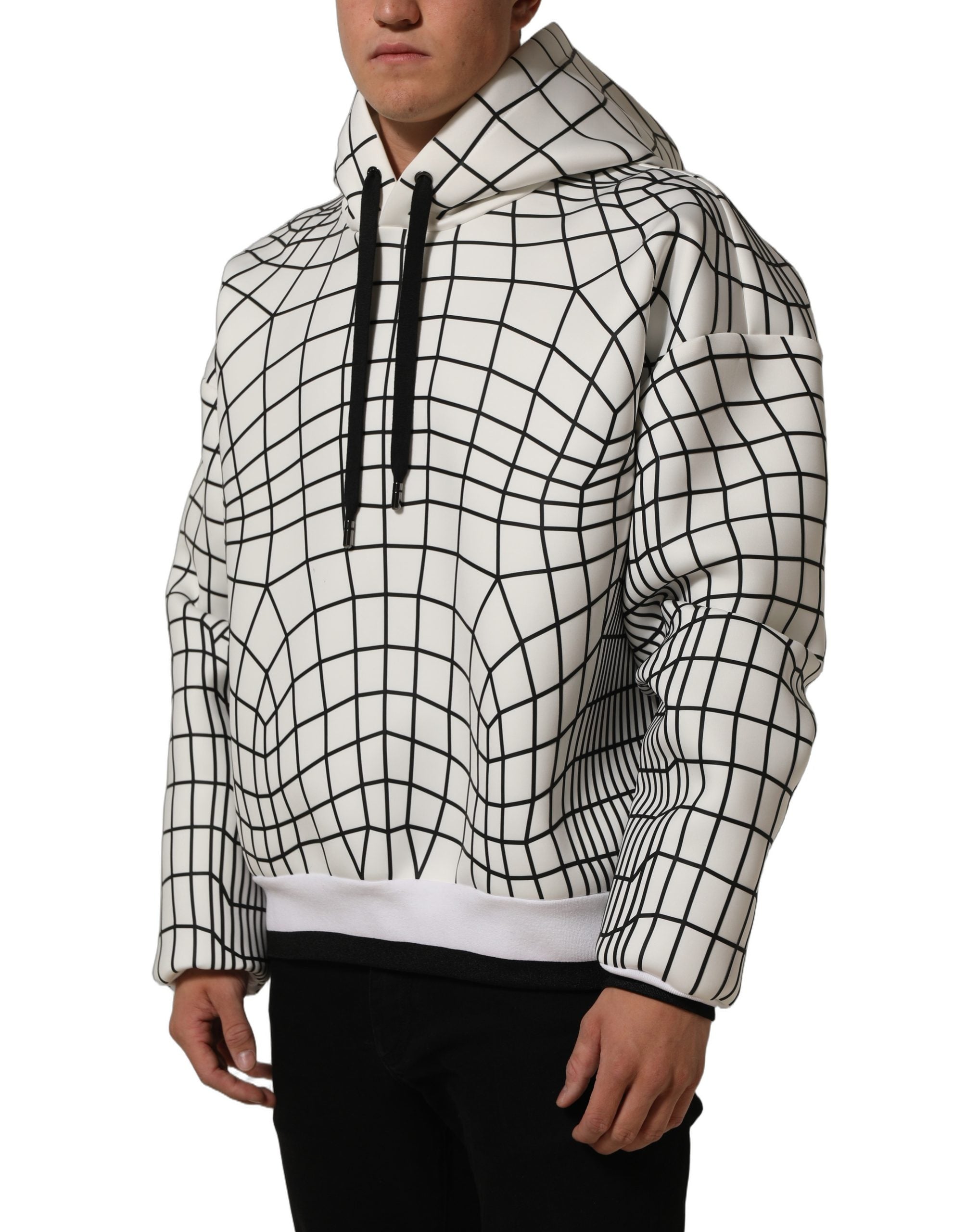 Pull à capuche Dolce & Gabbana blanc et noir avec motif WarpGrid, douceur pour un style élégant et décontracté.