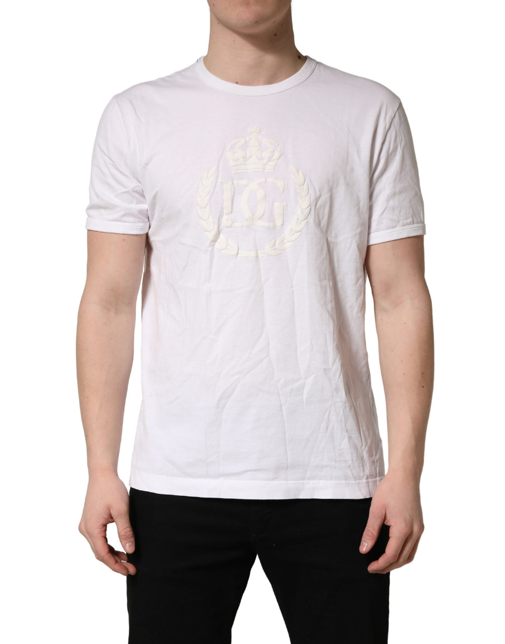 T-shirt blanc en coton Dolce & Gabbana avec logo DG en relief et couronne embossée, pour homme.