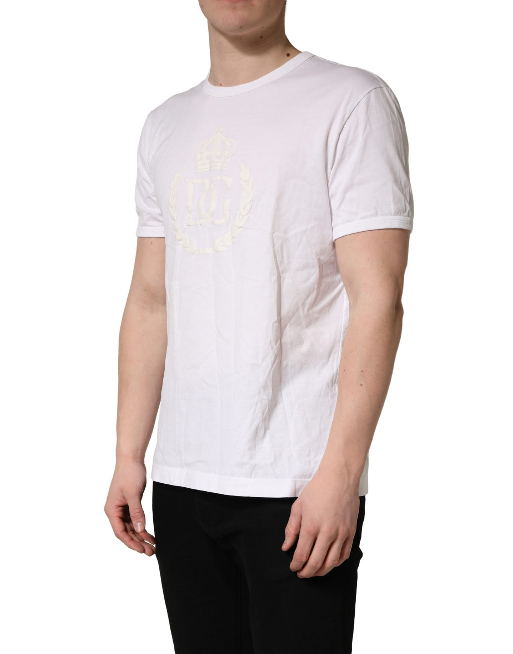 T-shirt blanc en coton Dolce & Gabbana avec motif de couronne embossée pour homme, vue de face.