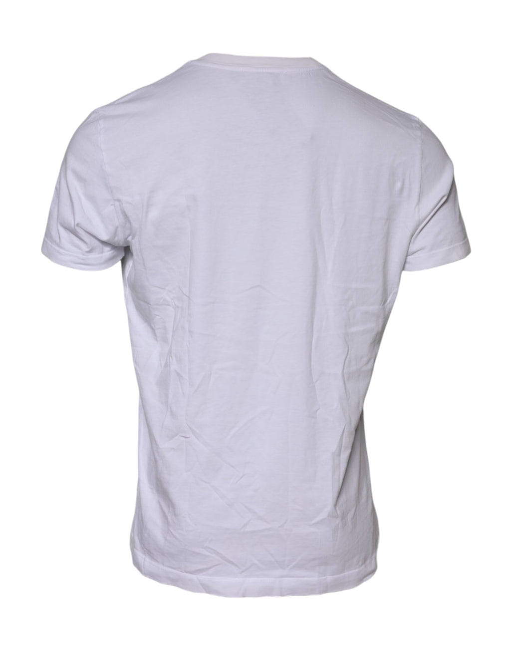 T-shirt blanc en coton Dolce & Gabbana avec logo patch sur le col ras du cou, vue de face.