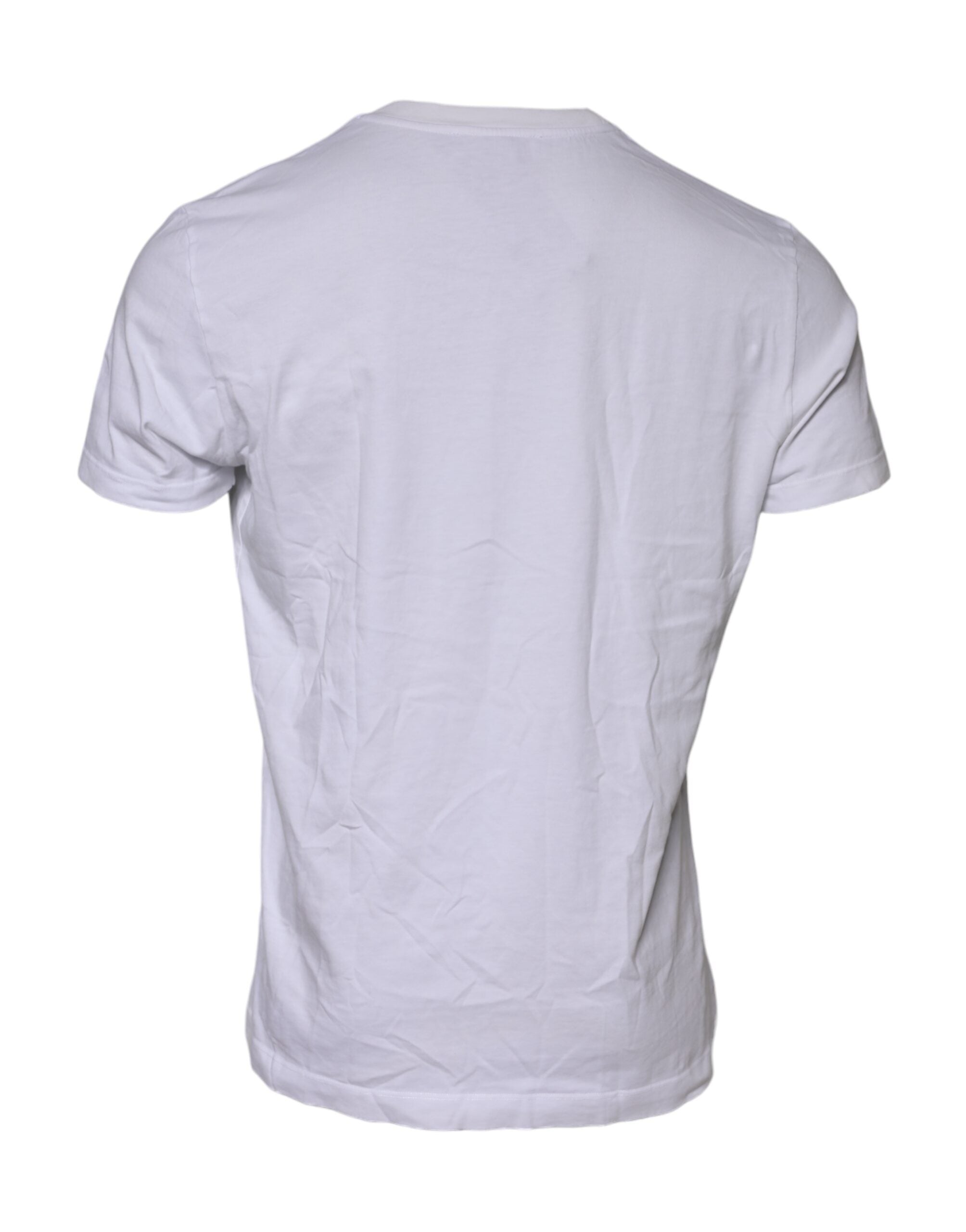 T-shirt blanc en coton Dolce & Gabbana avec logo patch sur le col ras du cou, vue de face.