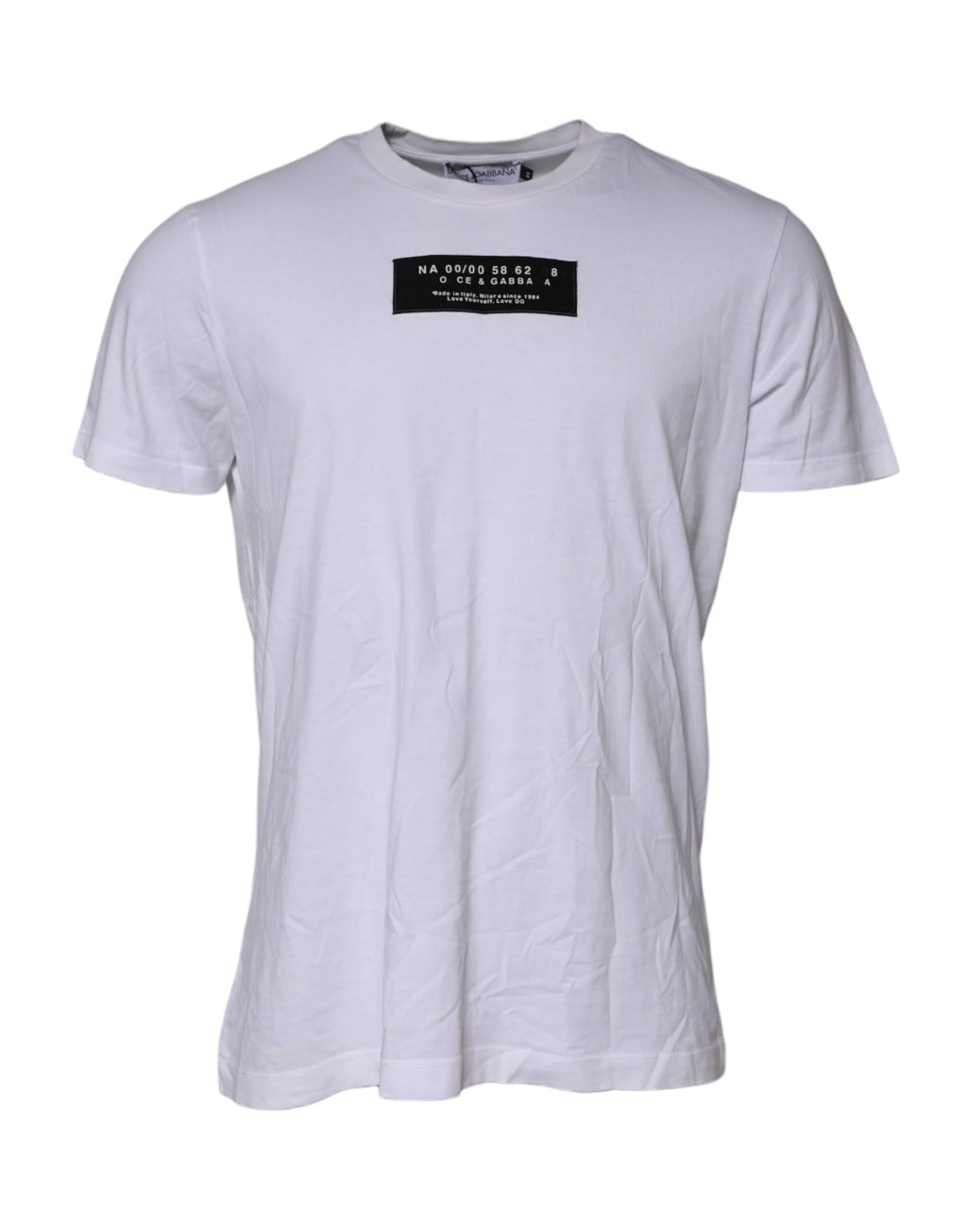 T-shirt blanc en coton Dolce & Gabbana avec logo brodé, col rond et patch logo sur la poitrine.