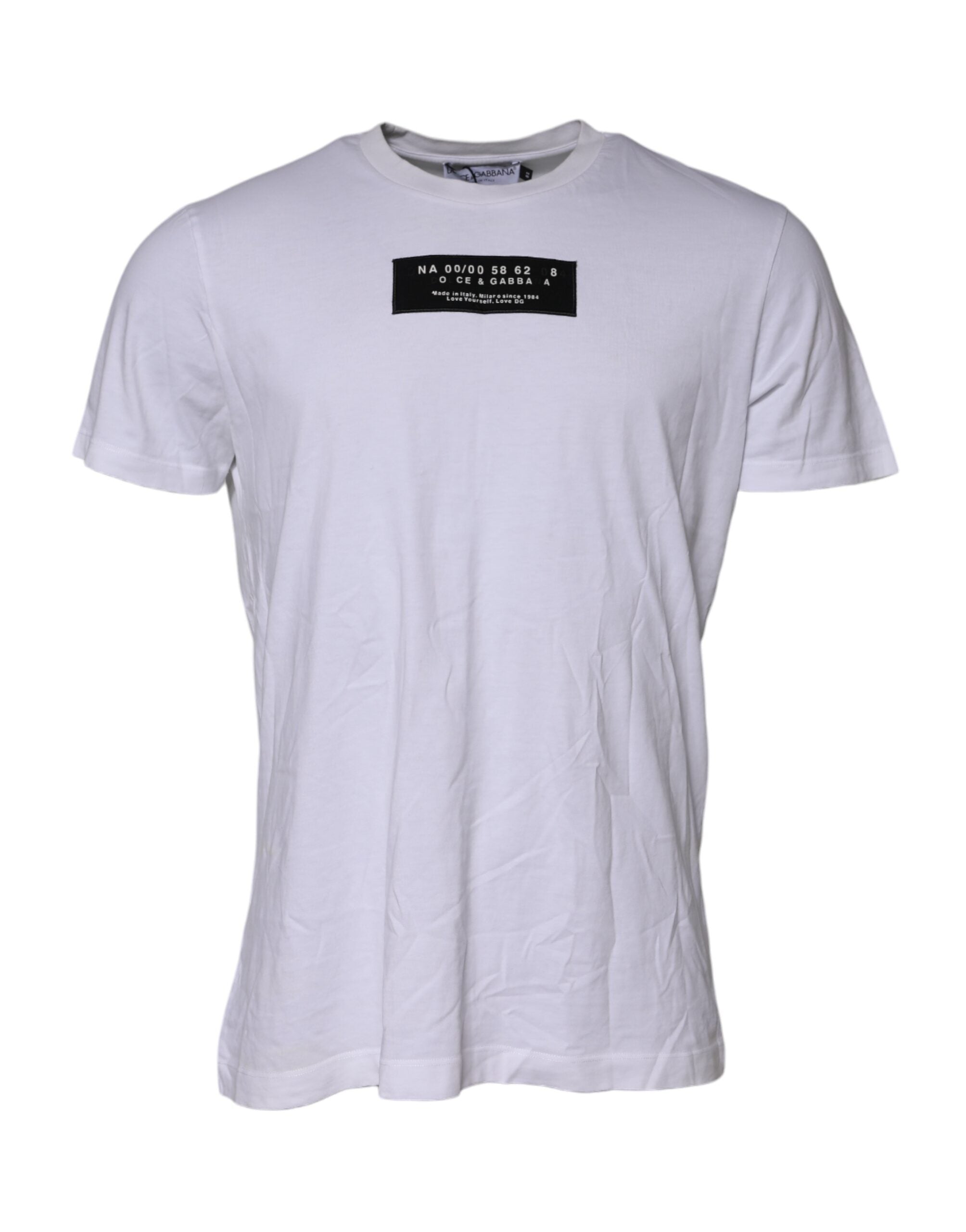 T-shirt blanc en coton Dolce & Gabbana avec logo brodé, col rond et patch logo sur la poitrine.
