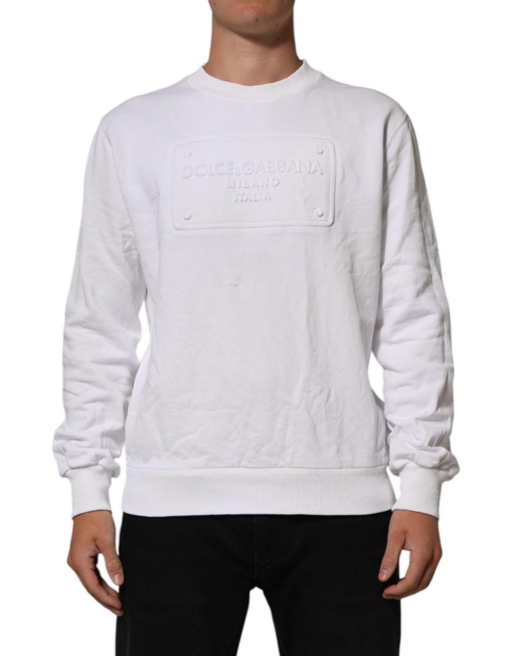 Sweatshirt homme blanc Dolce & Gabbana avec logo embossed, col rond et manches longues, vue de face.