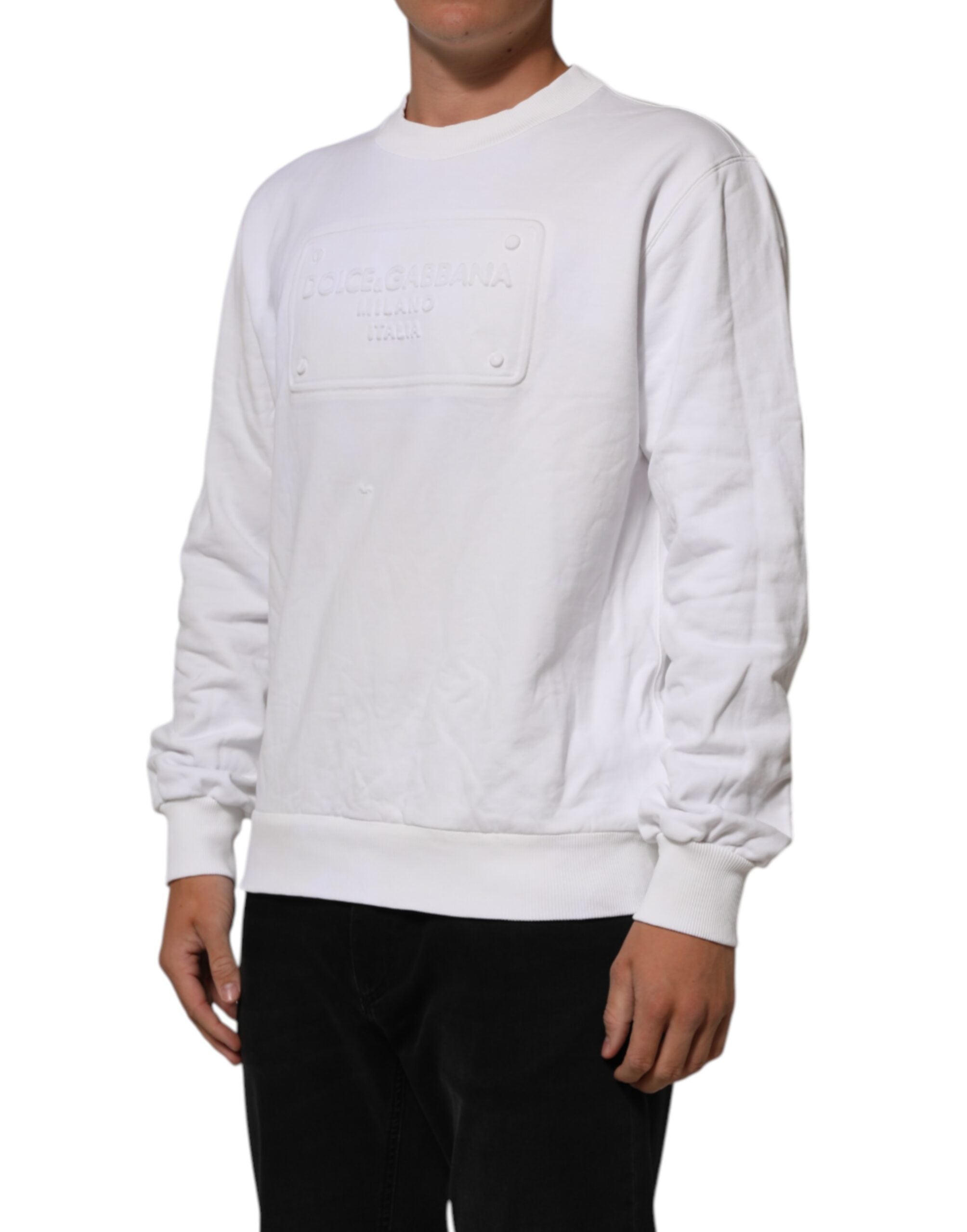 Sweatshirt blanc pour homme Dolce & Gabbana avec logo embossé, tissu doux et coupe décontractée.