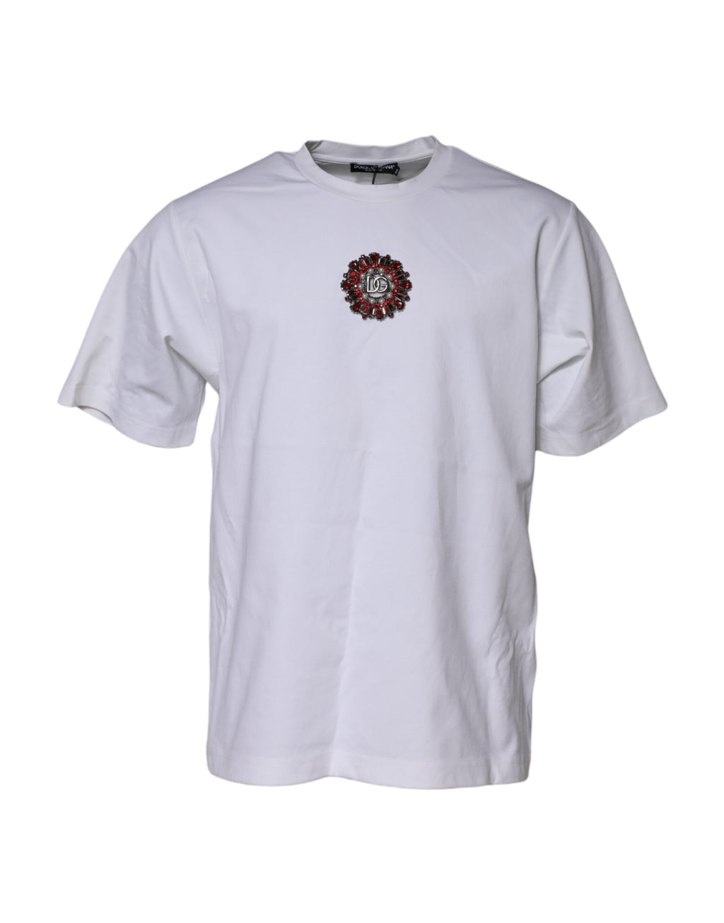 T-shirt blanc Dolce & Gabbana à manches courtes avec logo orné, style décontracté et moderne, visible sur l'image.