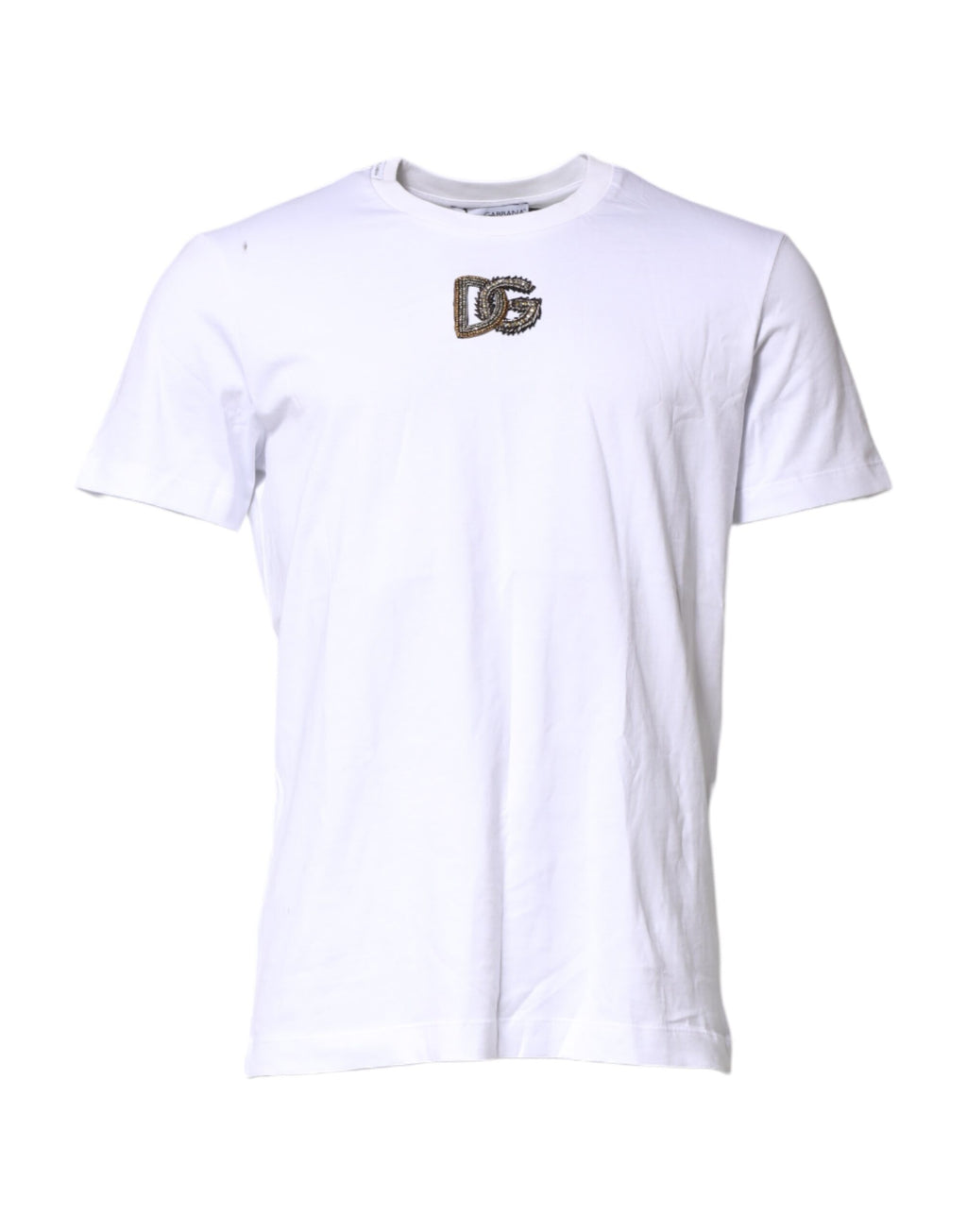 T-shirt blanc Dolce & Gabbana avec logo brodé sur le col rond, en coton, style décontracté.