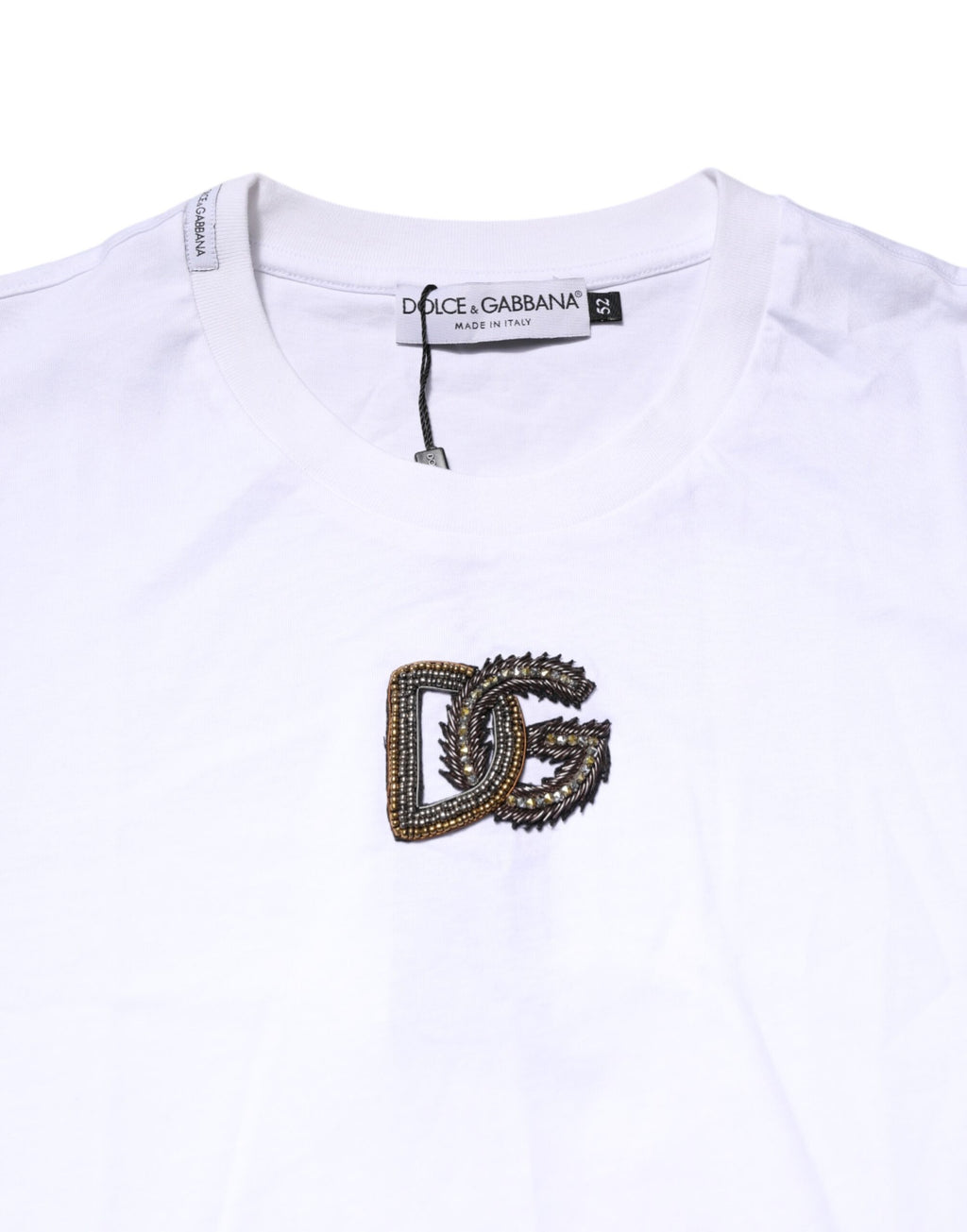 T-shirt blanc Dolce & Gabbana à logo brodé sur le col, en coton, avec col rond et style décontracté.