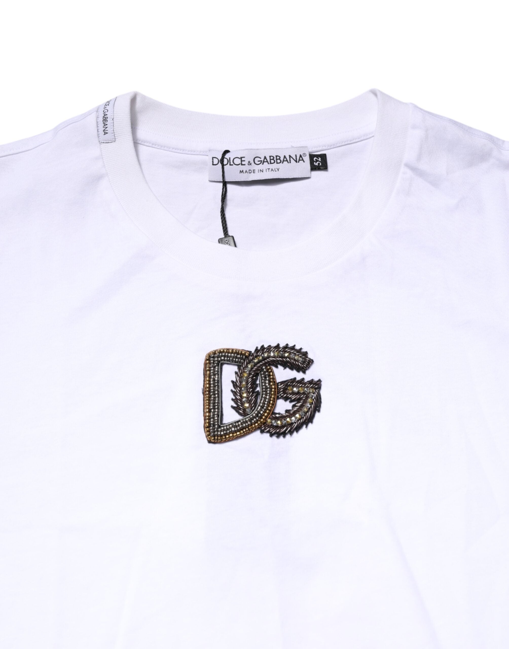T-shirt blanc Dolce & Gabbana à logo brodé sur le col, en coton, avec col rond et style décontracté.