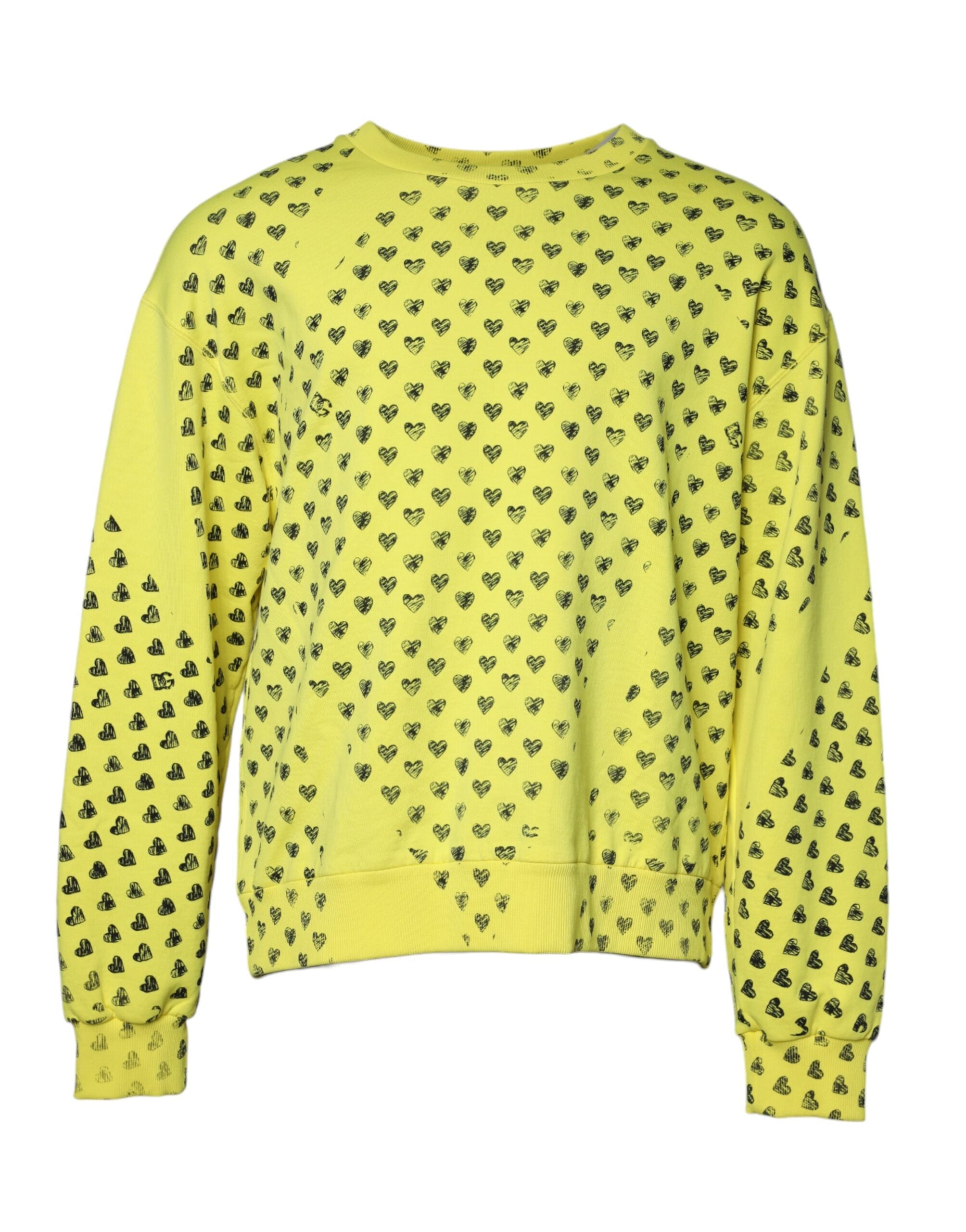 Pull homme Dolce & Gabbana jaune avec cœur, col rond, sweat-shirt en coton, motif coloré et style décontracté.
