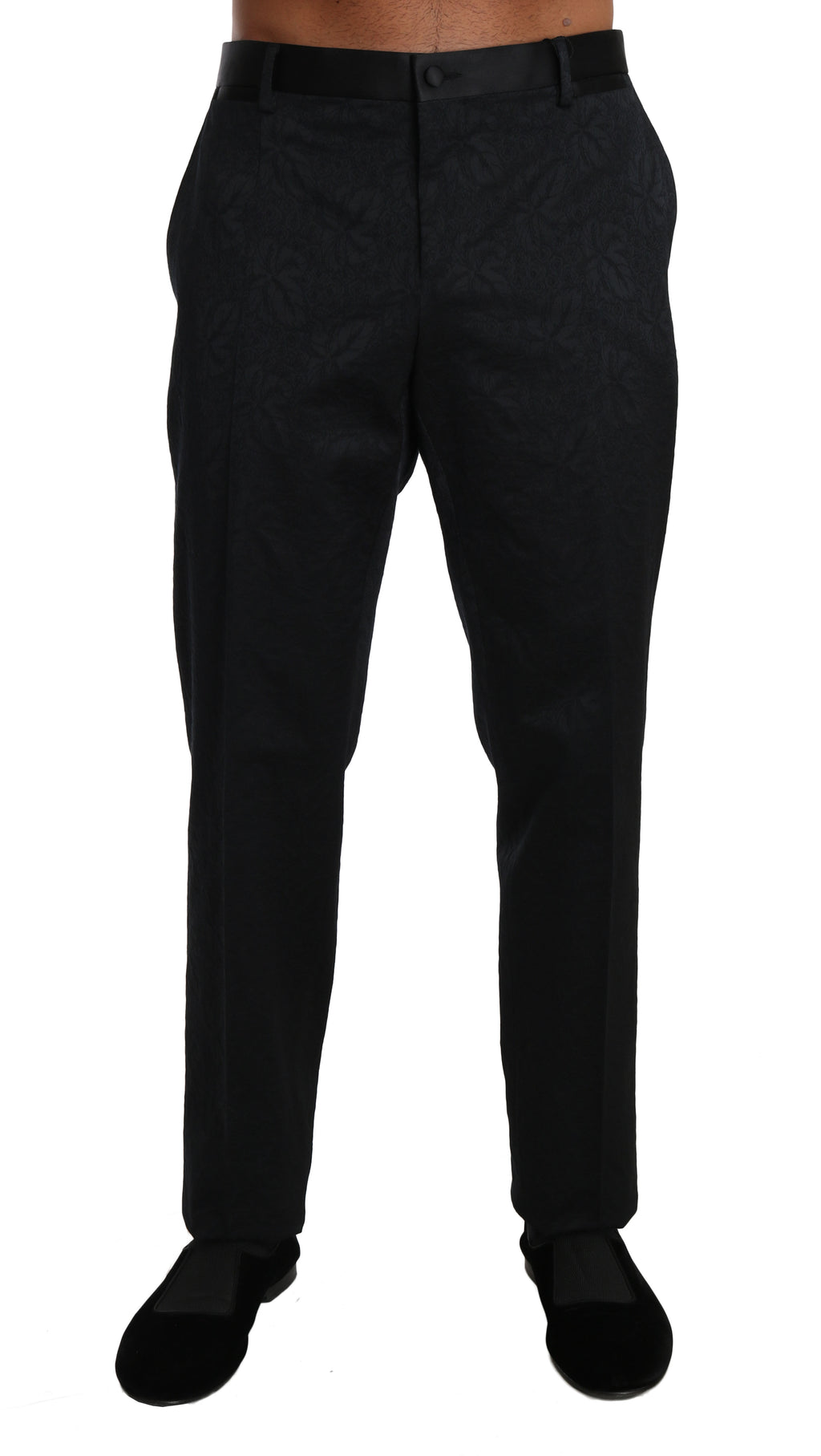 Pantalon formel en coton noir à brocart de Dolce & Gabbana, style élégant et sophistiqué, visible en détail sur l'image.