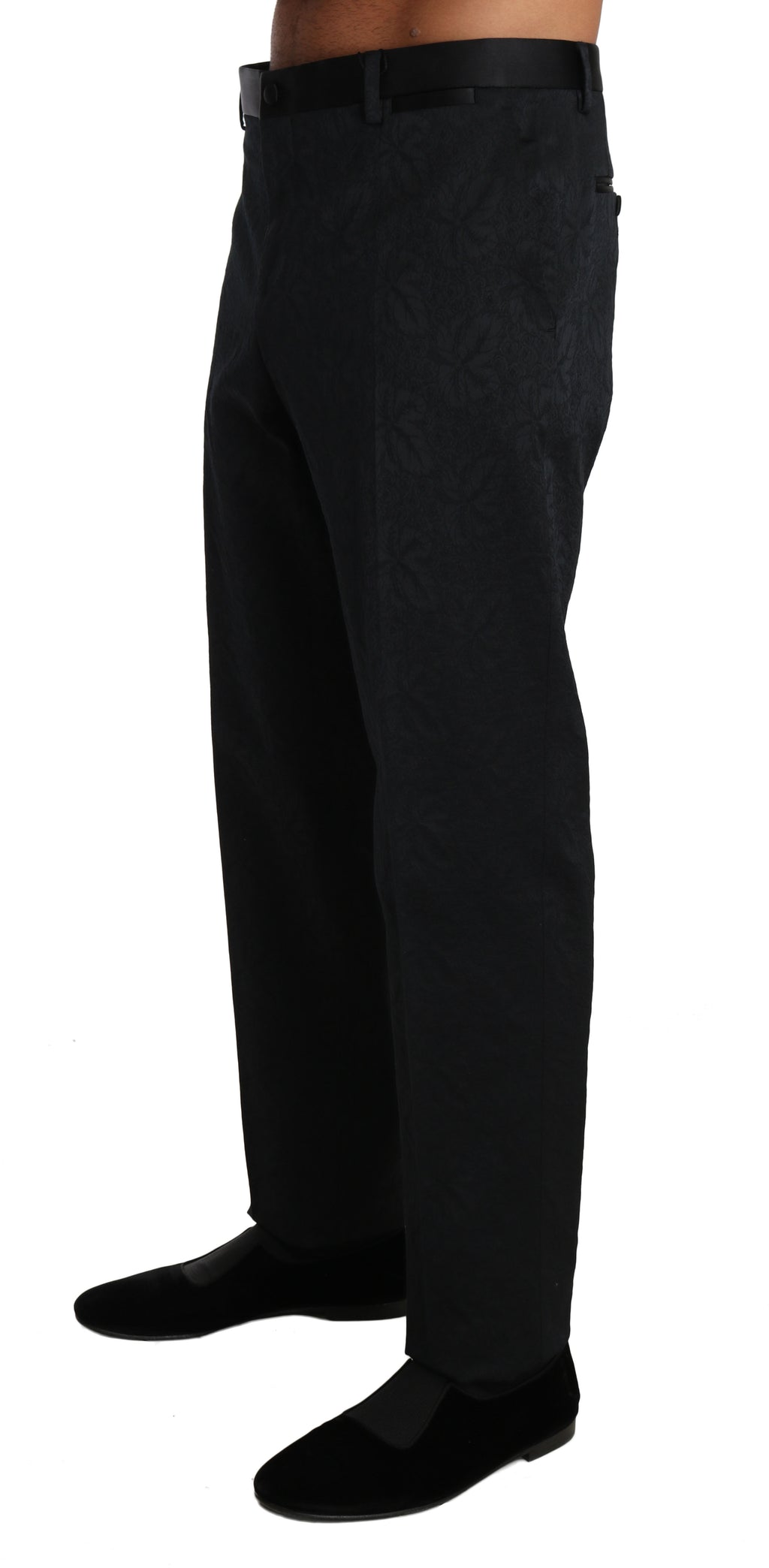 Pantalon formel noir en coton brocart de Dolce & Gabbana, pantalon élégant pour homme.