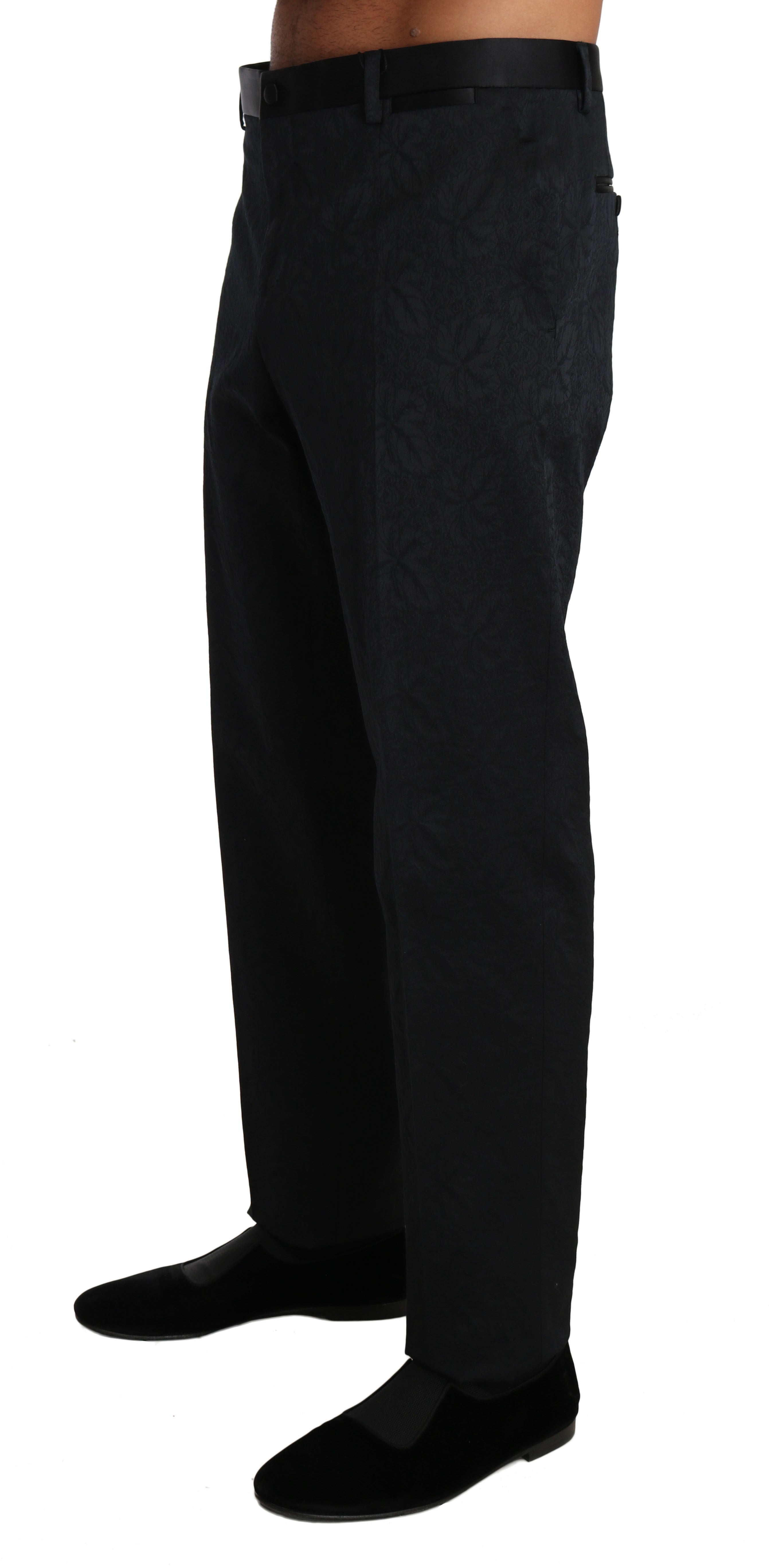 Pantalon formel noir en coton brocart de Dolce & Gabbana, pantalon élégant pour homme.