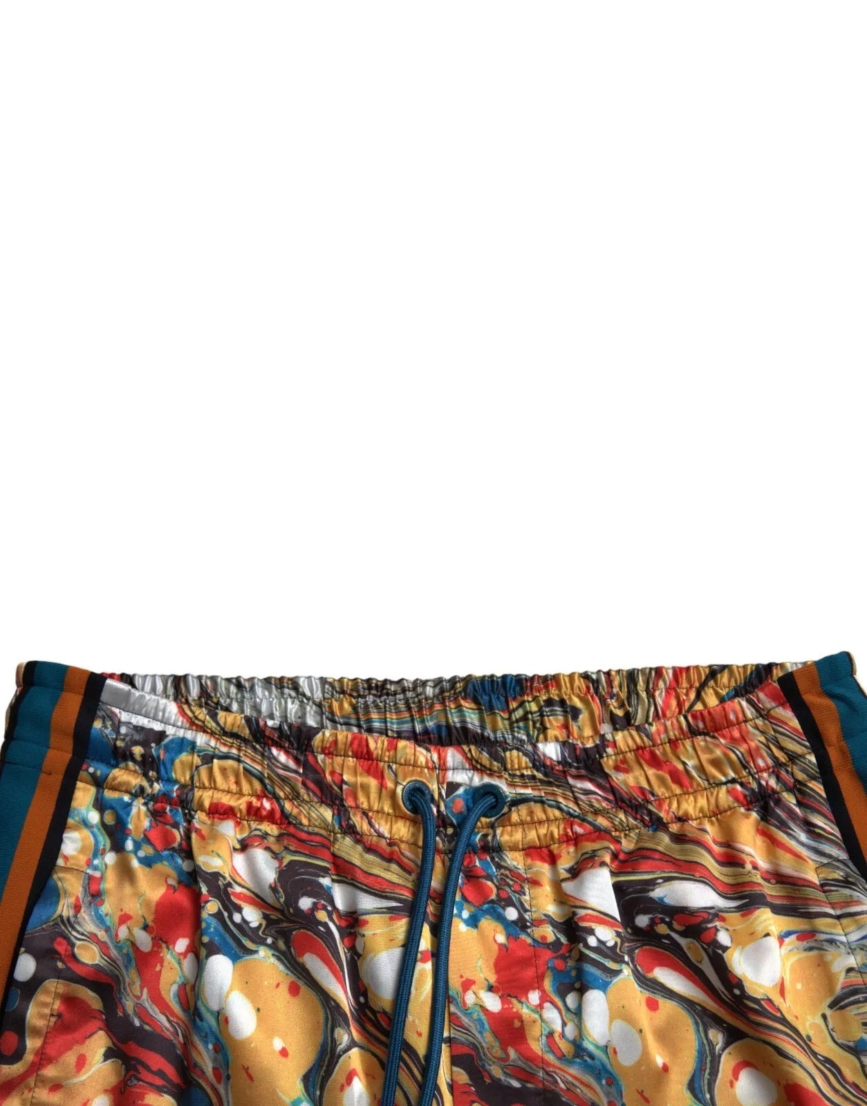 Pantalon en satin à motif marbre multicolore de Dolce & Gabbana, style élégant et sophistiqué.