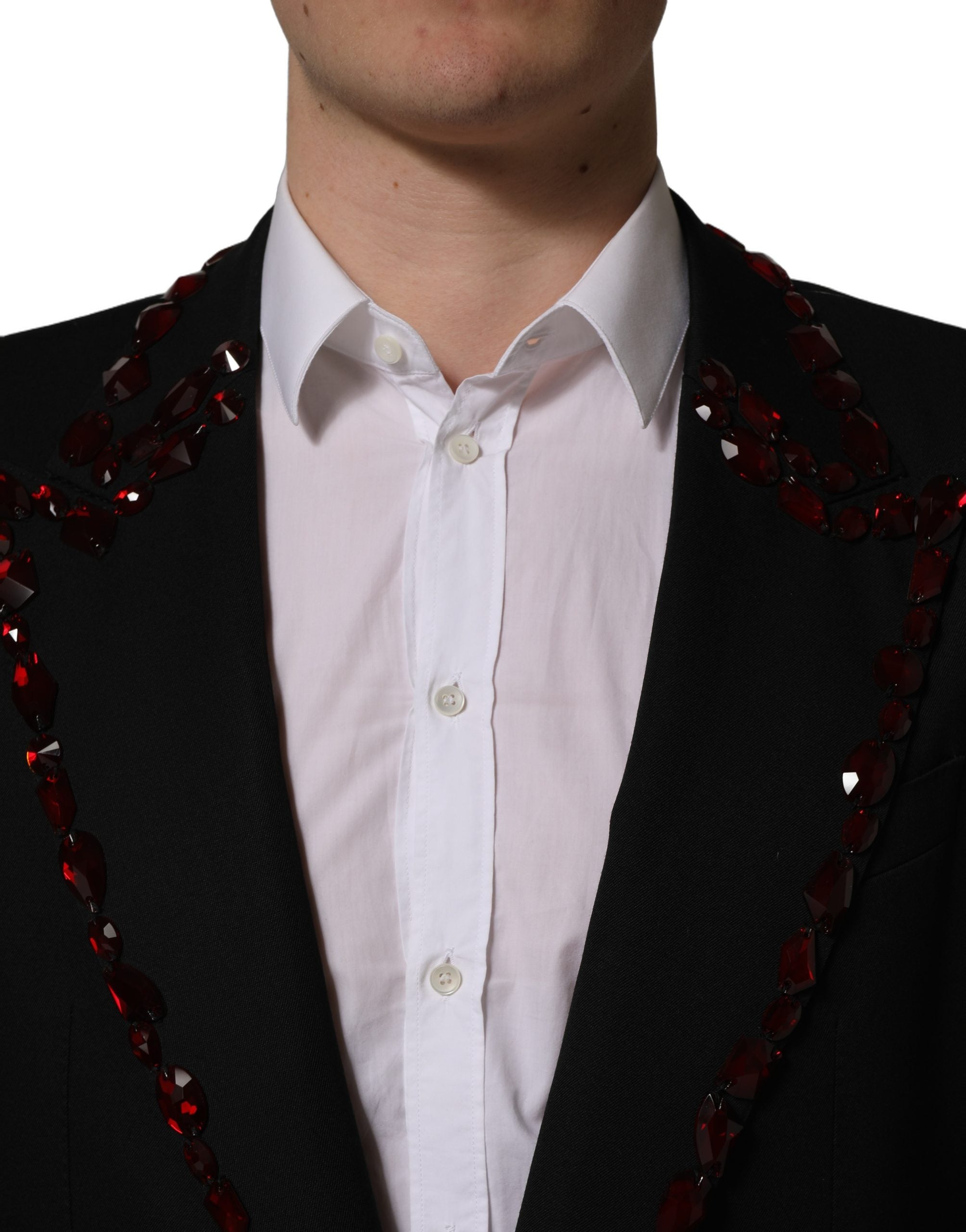 Veste blazer noire Dolce & Gabbana ornée de cristaux brillants, élégante et sophistiquée, vue de face.