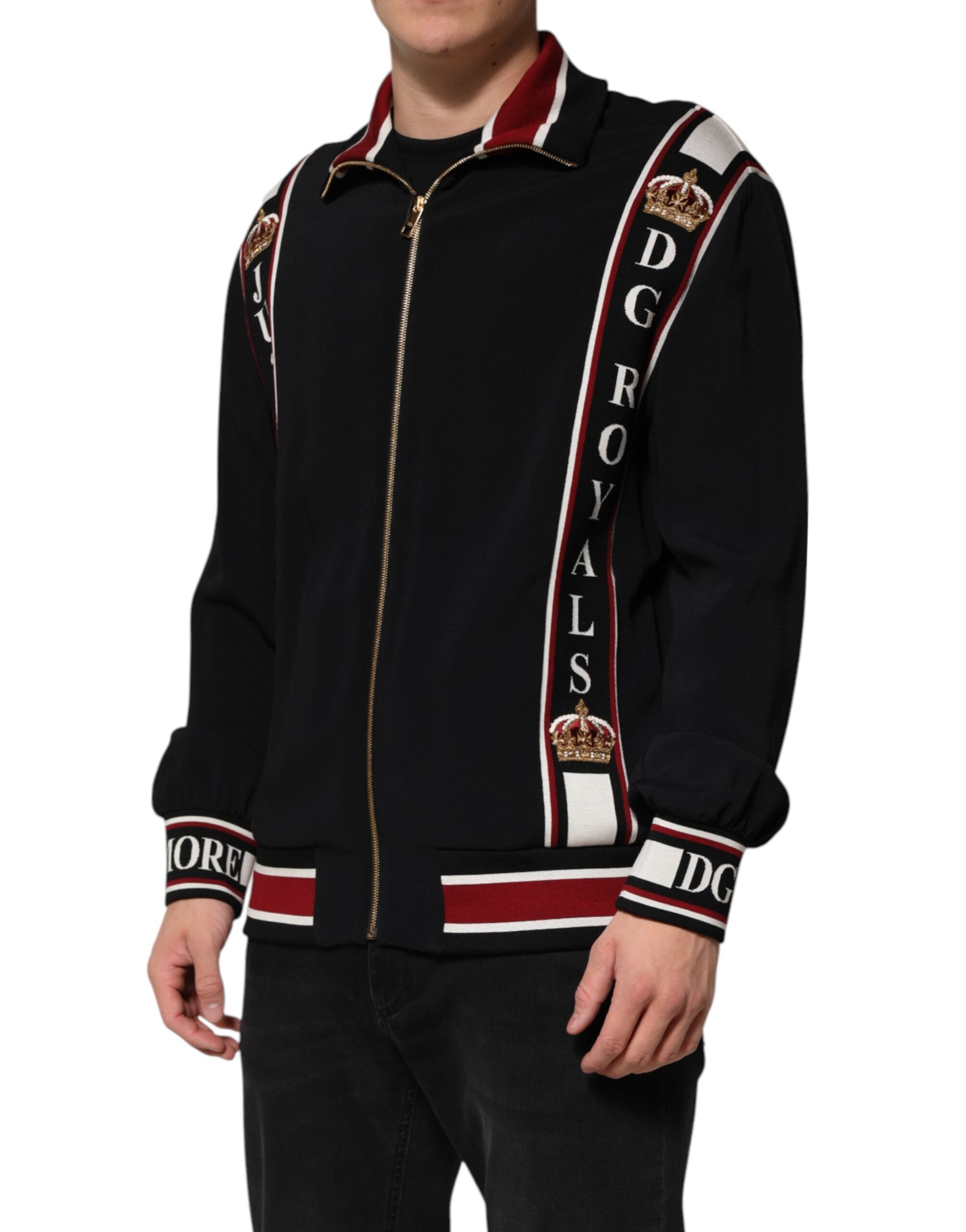Sweatshirt Dolce & Gabbana noire DG King à fermeture éclair complète, style décontracté et logo visible sur la poitrine.