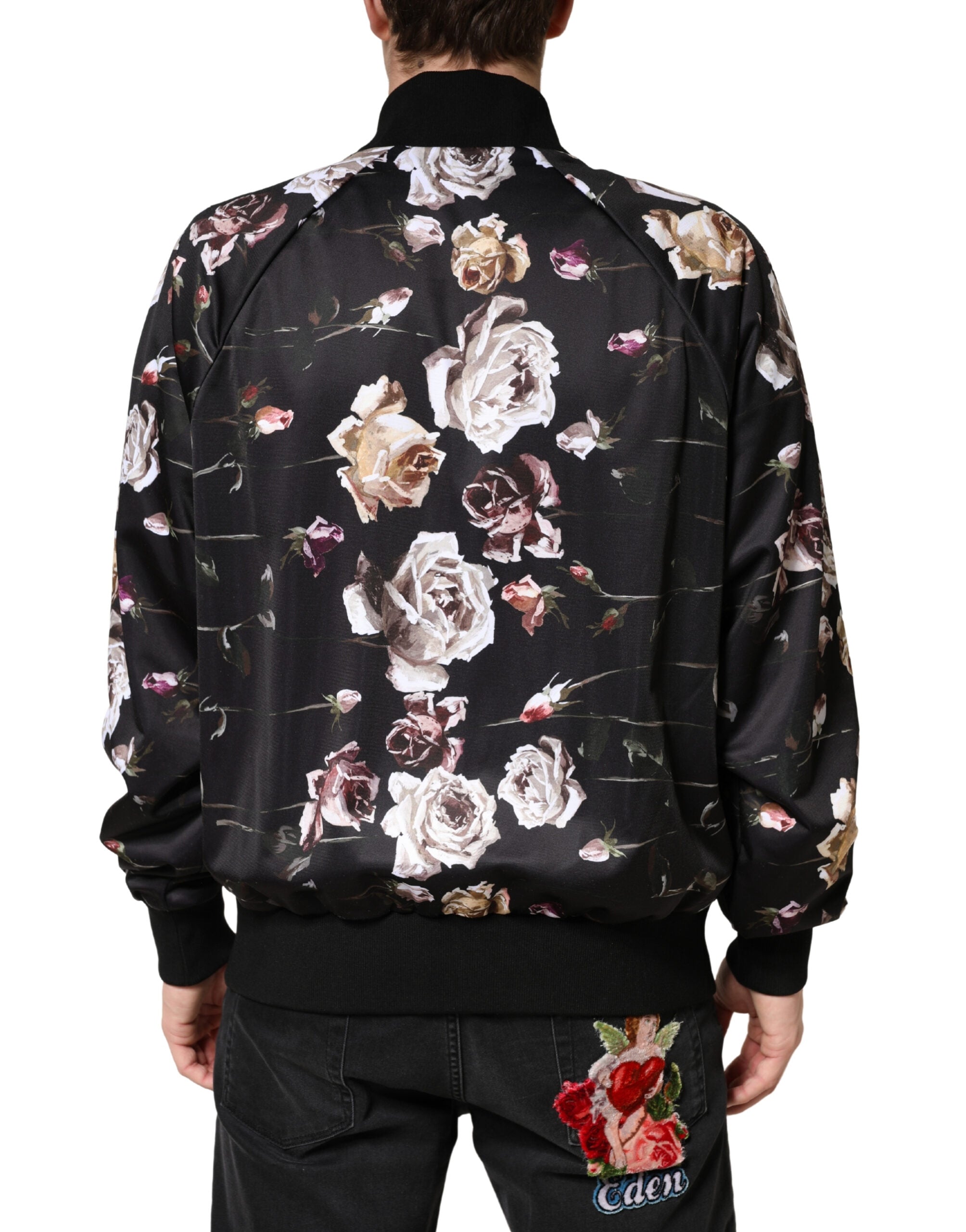 Veste bomber noire en polyester avec fleurs, de Dolce & Gabbana, fermeture éclair complète, style élégant et moderne.