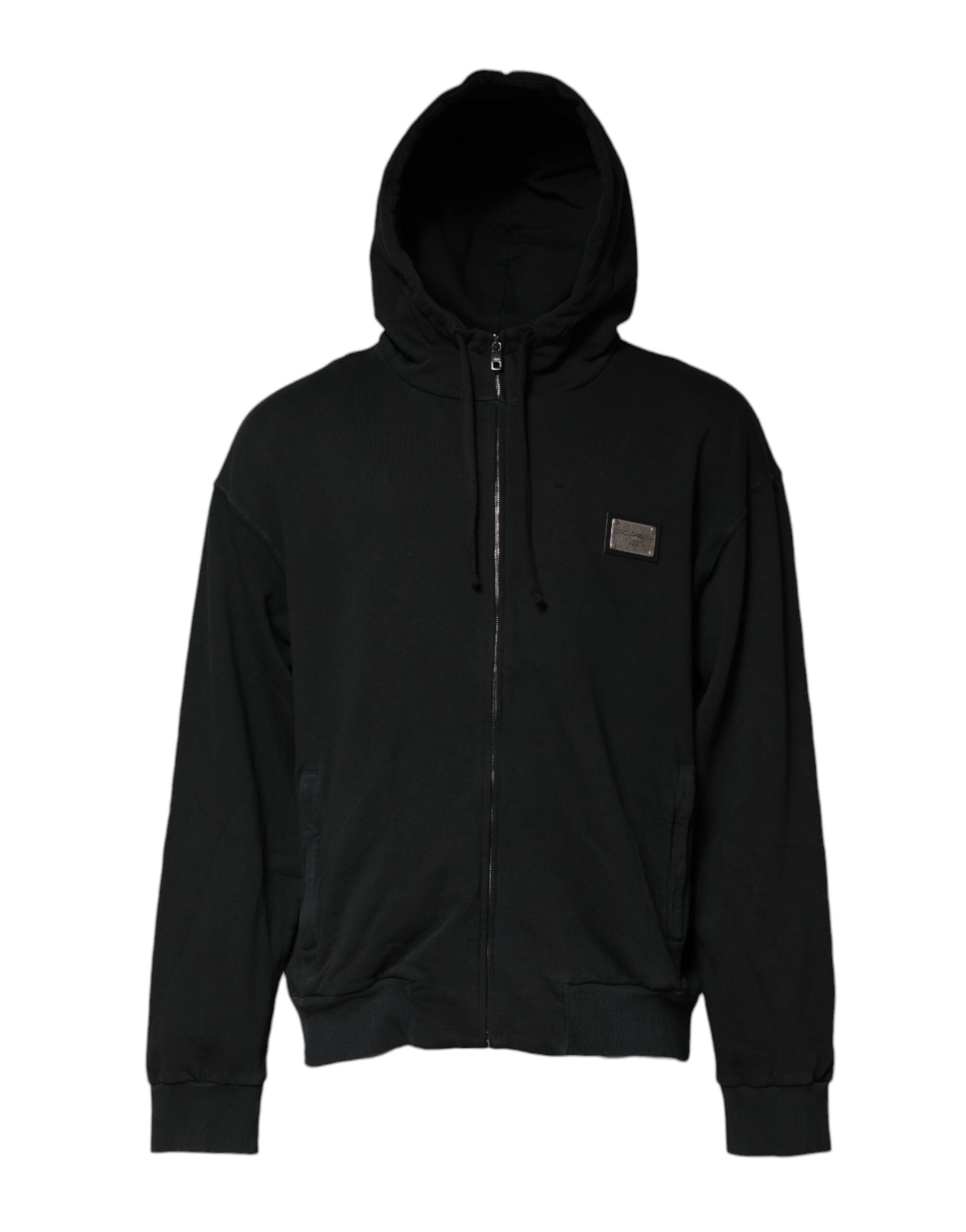 Sweat à capuche homme Dolce & Gabbana noir avec logo, fermeture éclair complète, style décontracté et moderne.