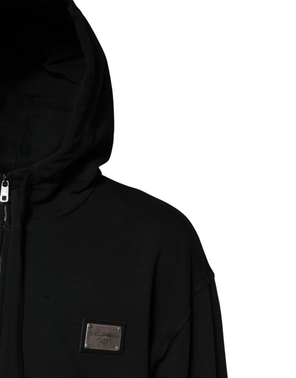 Sweat à capuche homme Dolce & Gabbana noir avec logo, fermeture éclair intégrale et style décontracté.