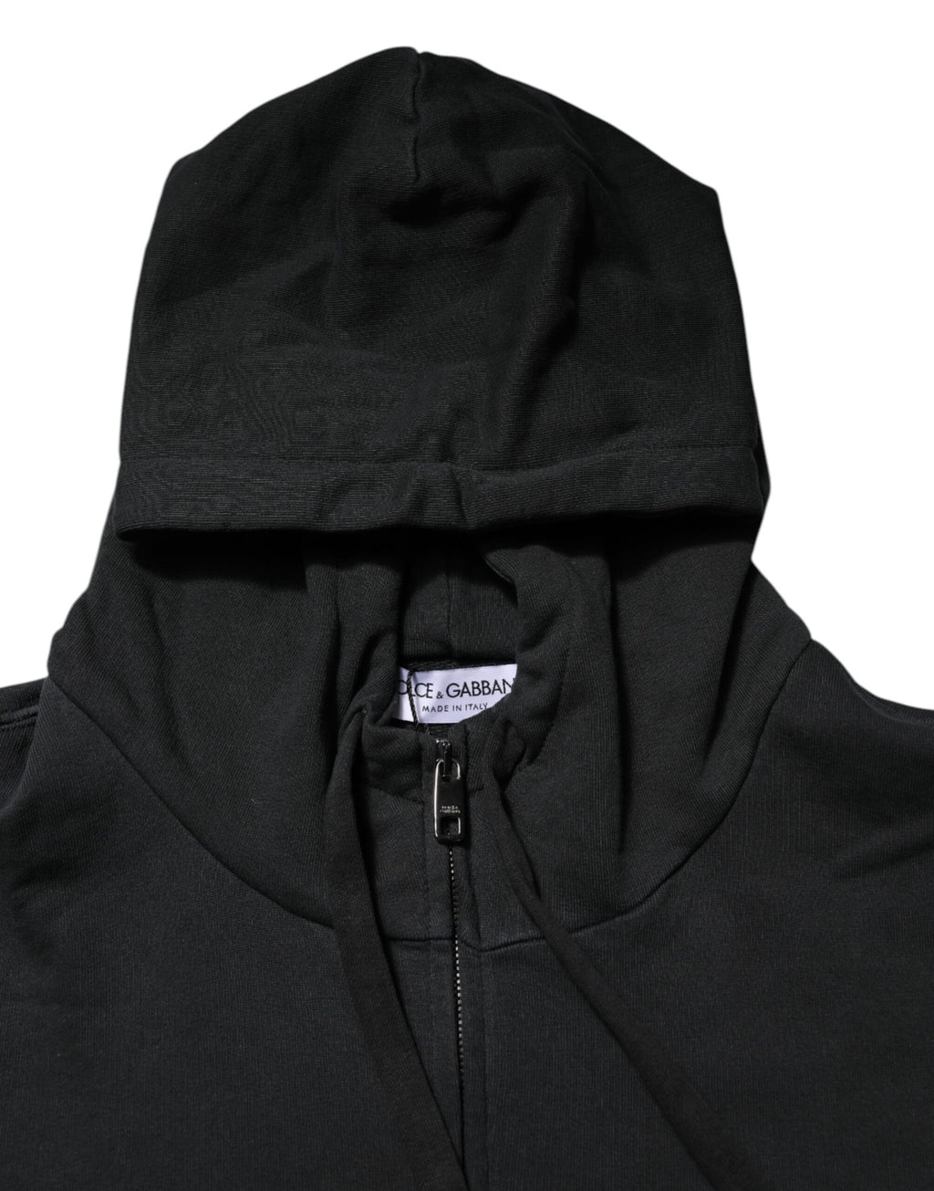 Sweatshirt à capuche noire Dolce & Gabbana avec logo, zip complet, pour hommes, en molleton confortable.