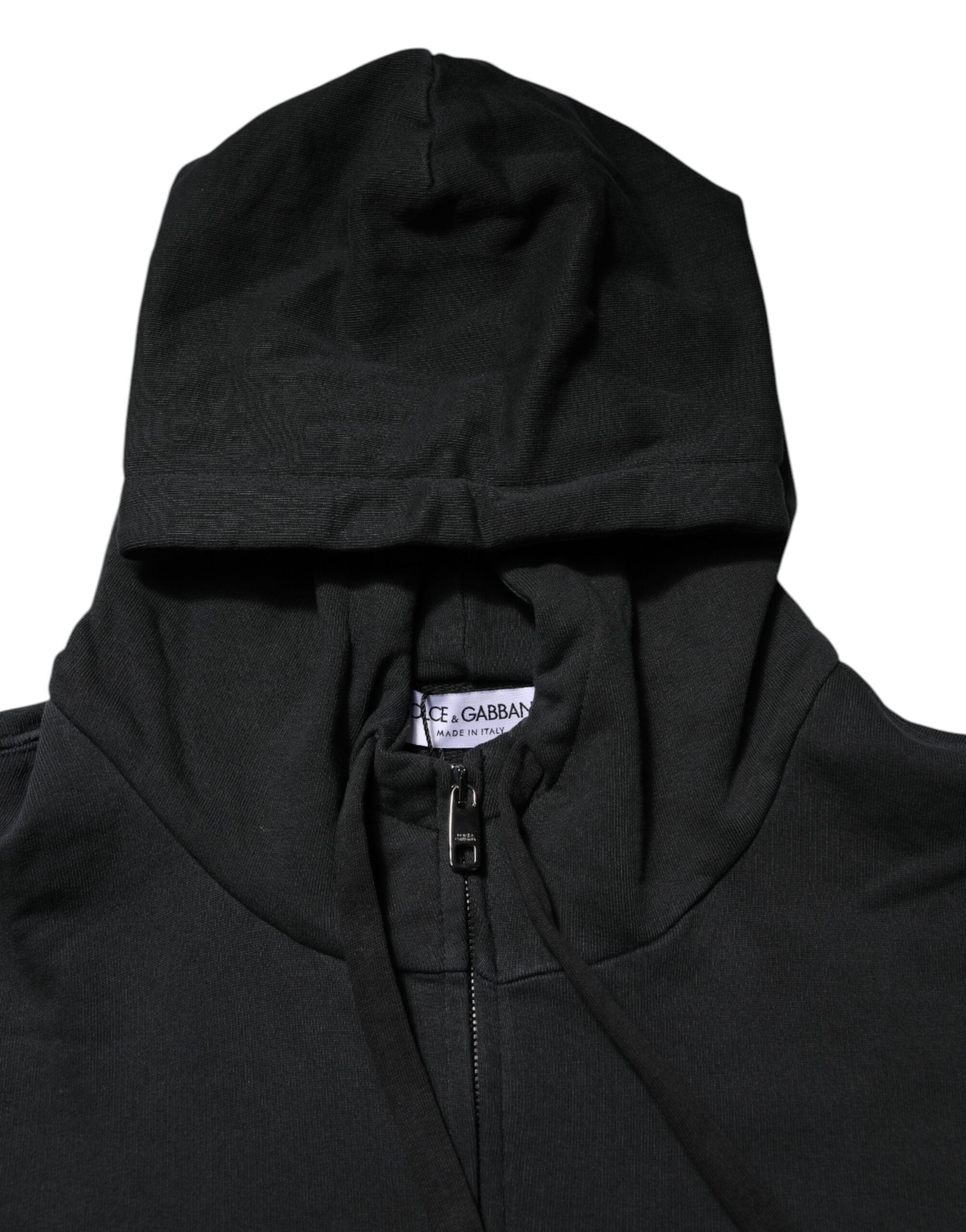 Sweatshirt à capuche noire Dolce & Gabbana avec logo, zip complet, pour hommes, en molleton confortable.