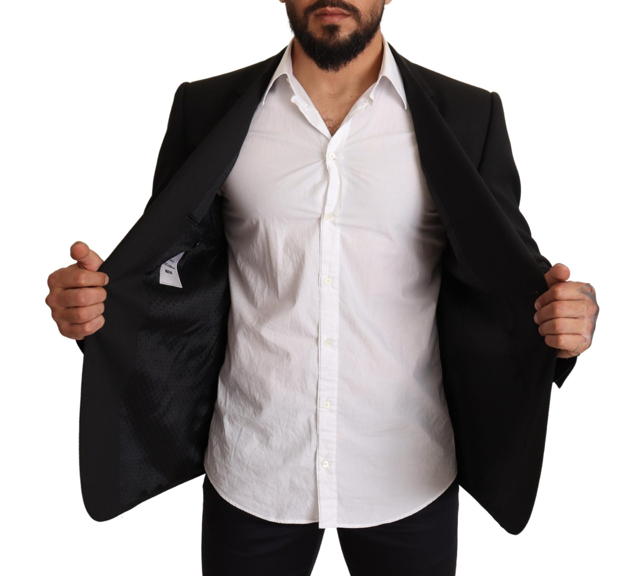 Veste blazer noire à rayures Dolce & Gabbana Martini avec col en satin et coupe élégante, pour un style sophistiqué.