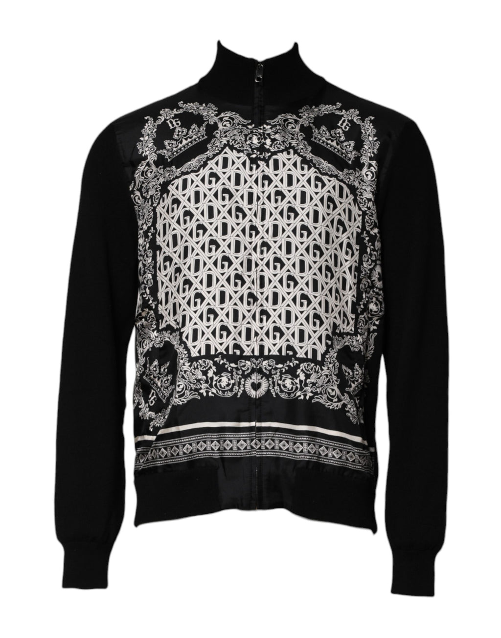 Sweat à capuche Dolce & Gabbana avec imprimé bandana noir et blanc, zip complet, style décontracté.